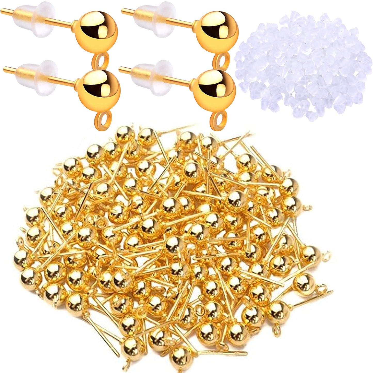 300pcs 3 Colors Ball Post Earring Studs Hypoallergenic Alloy Ear Pins Earring Posts with Loop and 300pcs Silicone Clear Bullet Earring Backs for DIY Crafts Jewelry Making