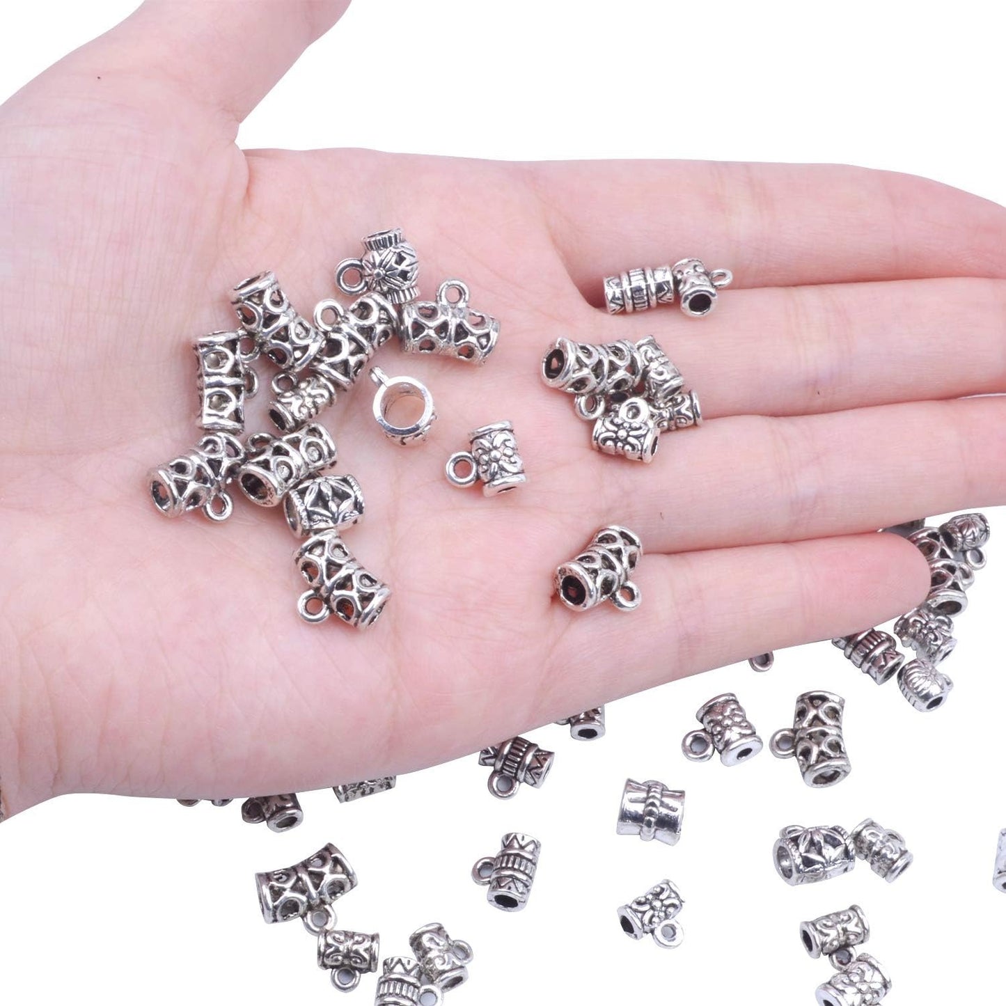100g (About 130-170pcs) Mixed Antique Tibetan Silver Bail Beads,Spacer Bead,Bail Tube Beads,Bracelet Charms,Necklace Pendants for Jewelry and Craft Making(Small Size)