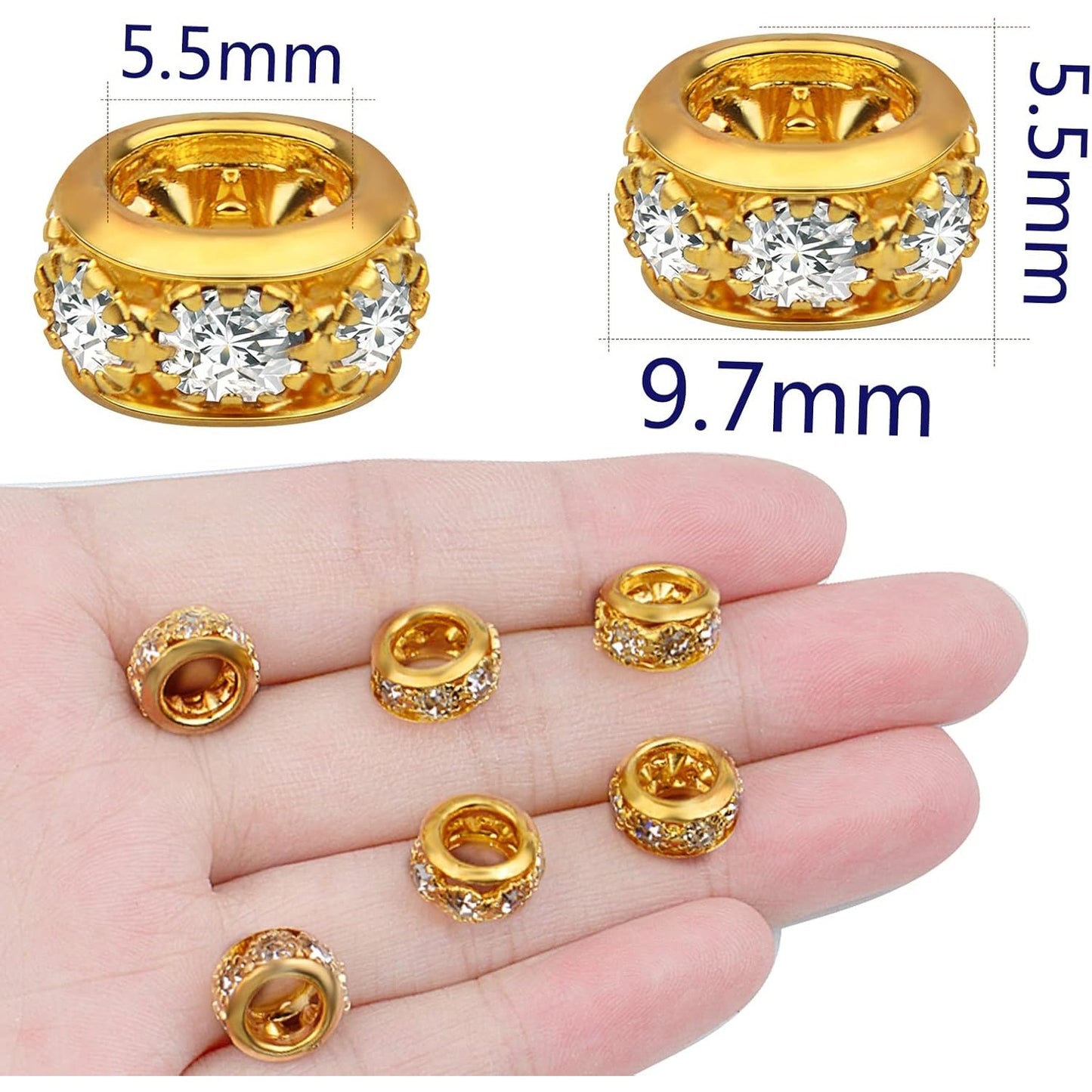 40pcs Rhinestone Rondelle Spacer Beads European Large Hole Beads Loose Charm Beads for DIY Bracelet Necklace Snake Chain Jewelry Making Decor, Bright Golden