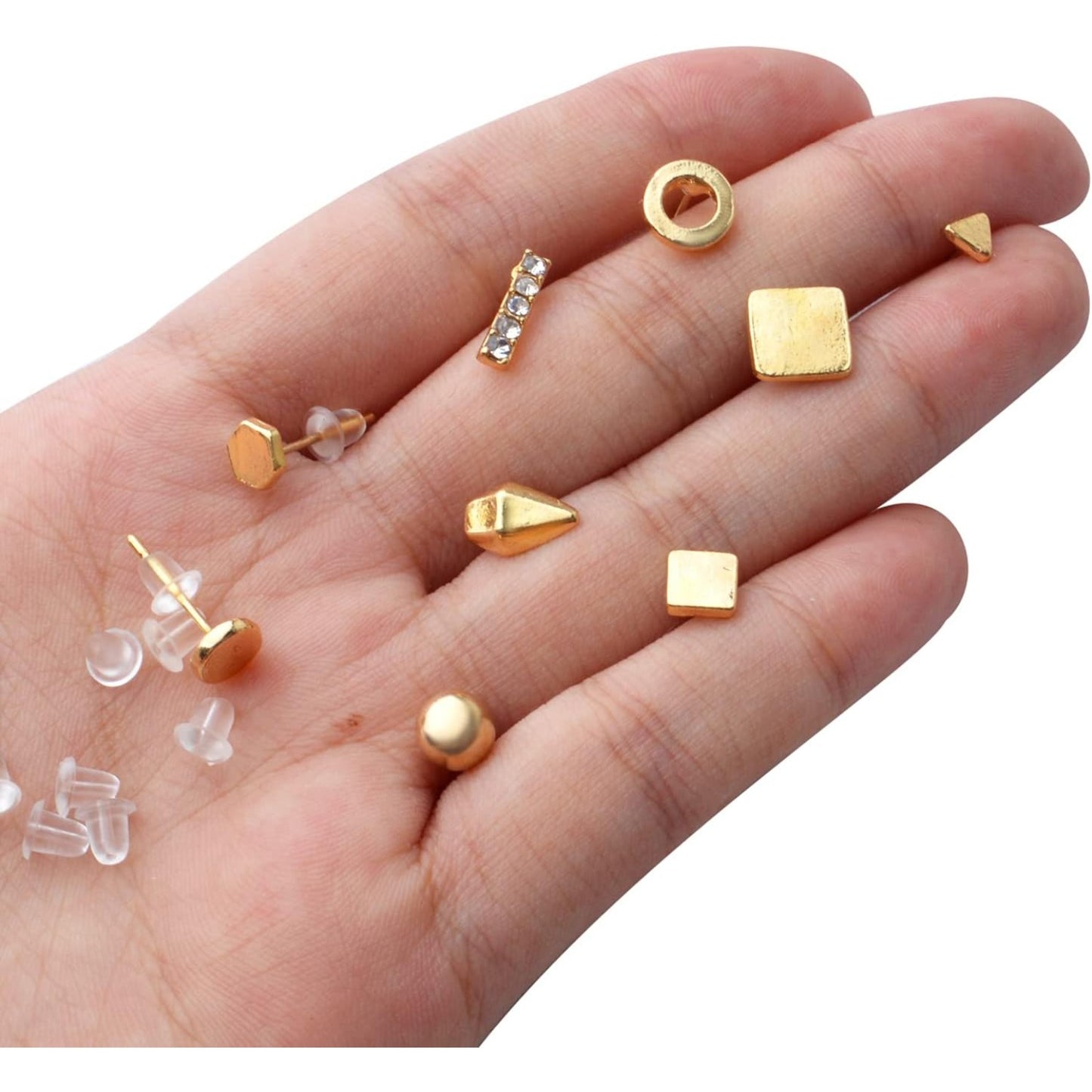 Stainless Steel Earring Studs Set,18 Pairs Gold Plated Earring Pin Studs Geometry Round Ball Cone Earring Post Studs with Clear Bullet Earring Backs for Women Men Ear Studs