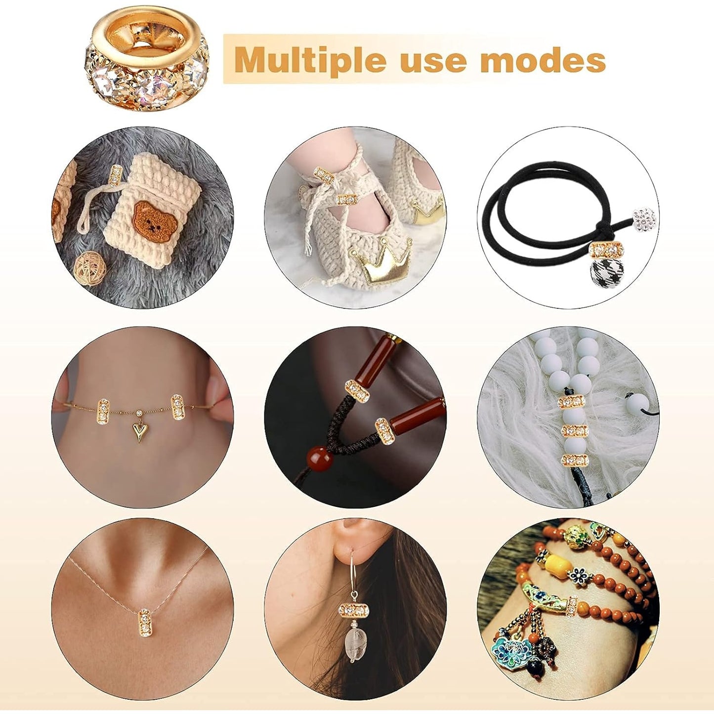 European Rhinestone Spacer Beads, 40pcs Gold Plated Crystal Rondelle Beads Brass Round Loose Beads with 6 mm Large Hole for DIY Jewelry Making Christmas Party Birthday Ornament, 10 mm x 5 mm