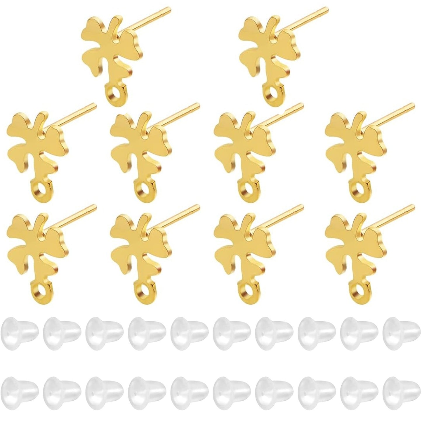 20pcs Stainless Steel Earring Posts with Loop Four Leaf Clover Stud Earrings and 20pcs Silicone Clear Earring Backs for Women DIY Jewelry Making Supplies Gifts, 2 Colors