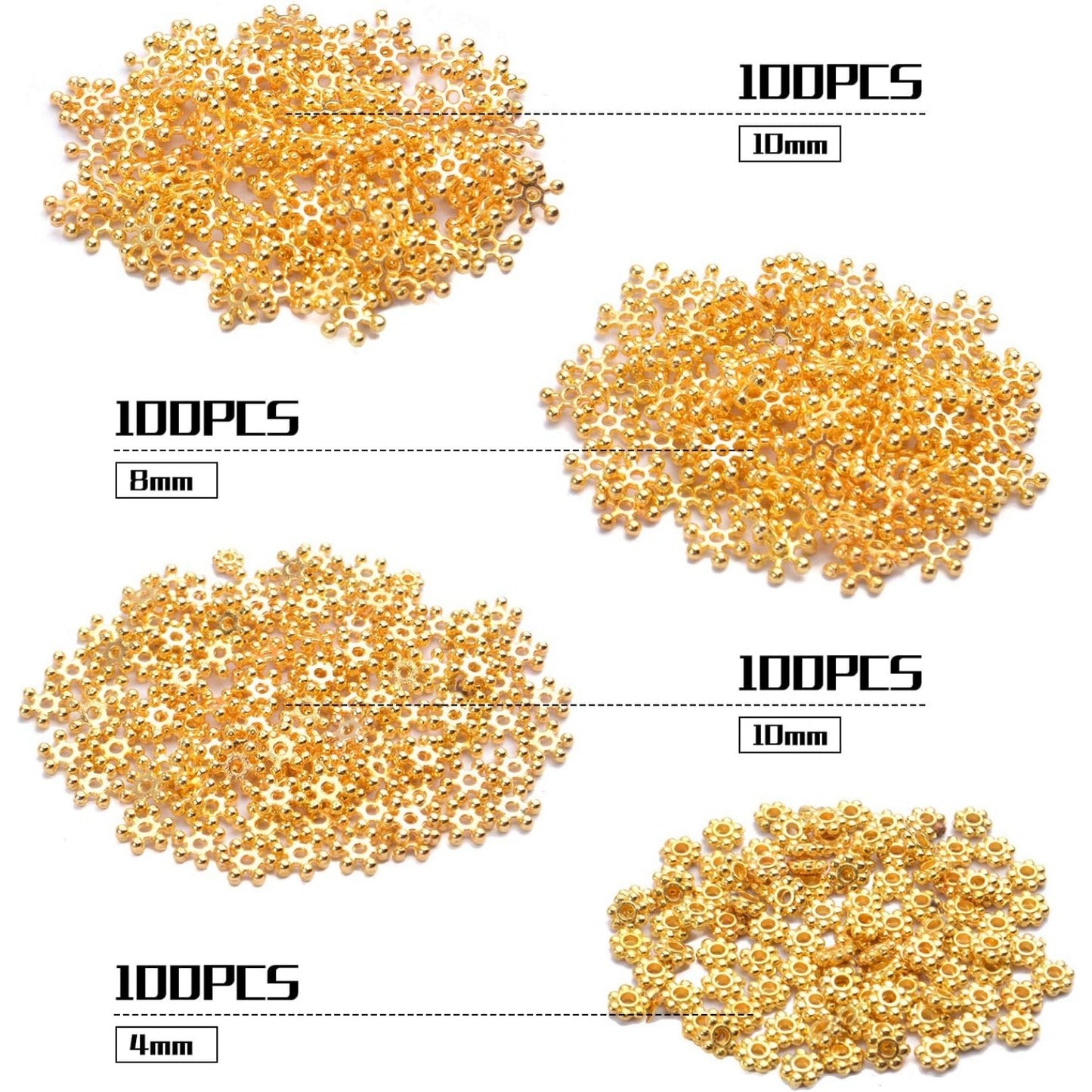 400pcs Snowflake Spacer Beads Daisy Jewelry Bead Charm Spacers Flat Metal Spacers for Bracelet Necklace Jewelry Making,4mm/6mm/8mm/10mm