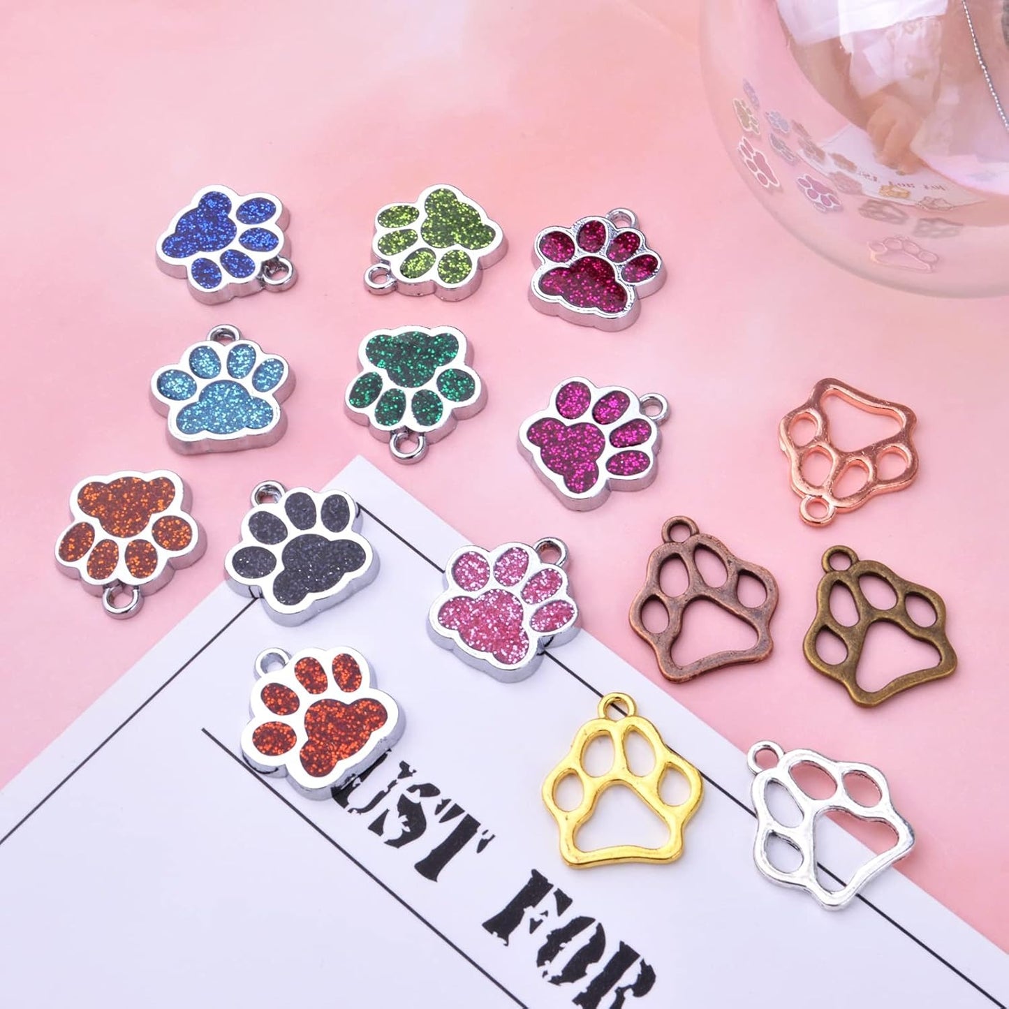 70pcs Alloy Paw Print Charms Enamel Glitter Dog Cat Bear Footprint Pendants Animal Paw Chunk Charms for DIY Necklace Bracelet Earrings Jewelry Making Birthday Party Favor Gifts