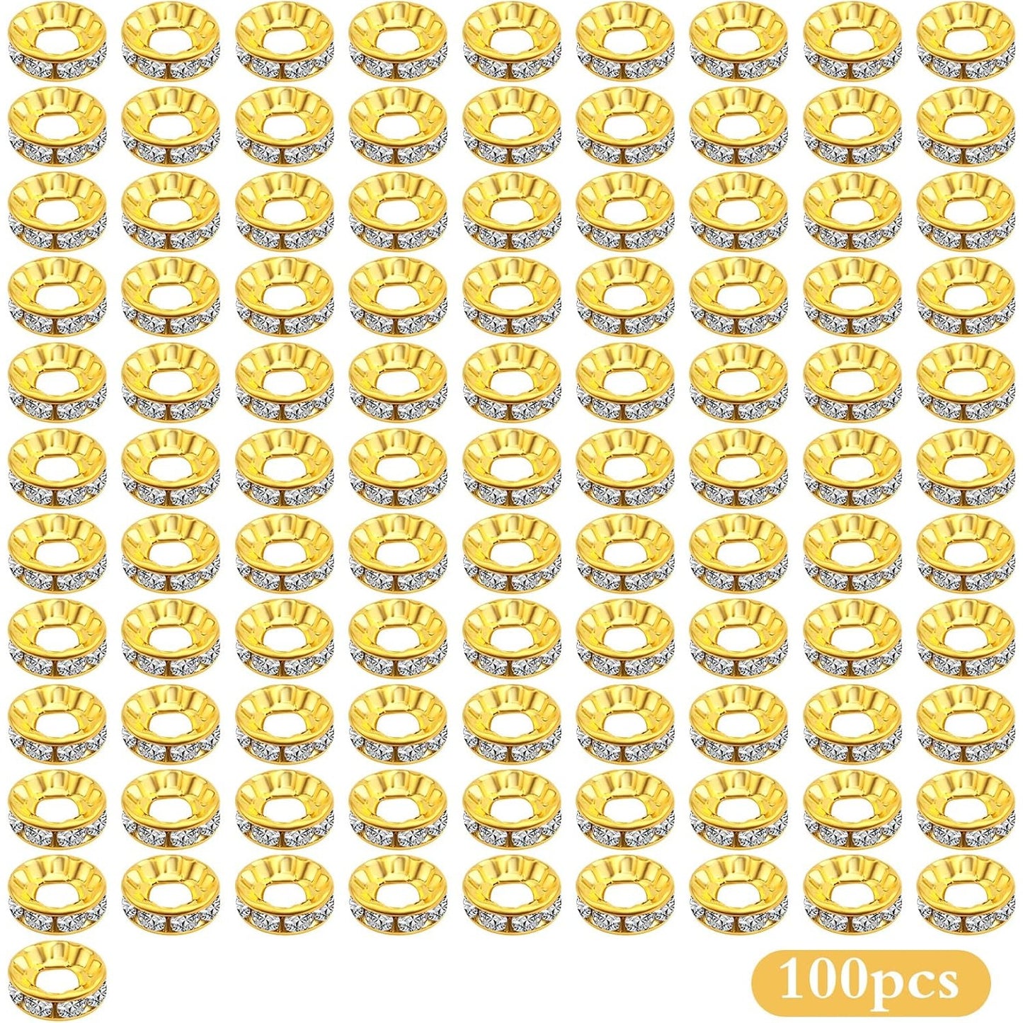100pcs 10 mm Golden Plated Rhinestone Spacer Beads Large Hole European Rondelle Beads Round Shiny Crystal Loose Beads for DIY Bracelet Necklace Jewelry Making