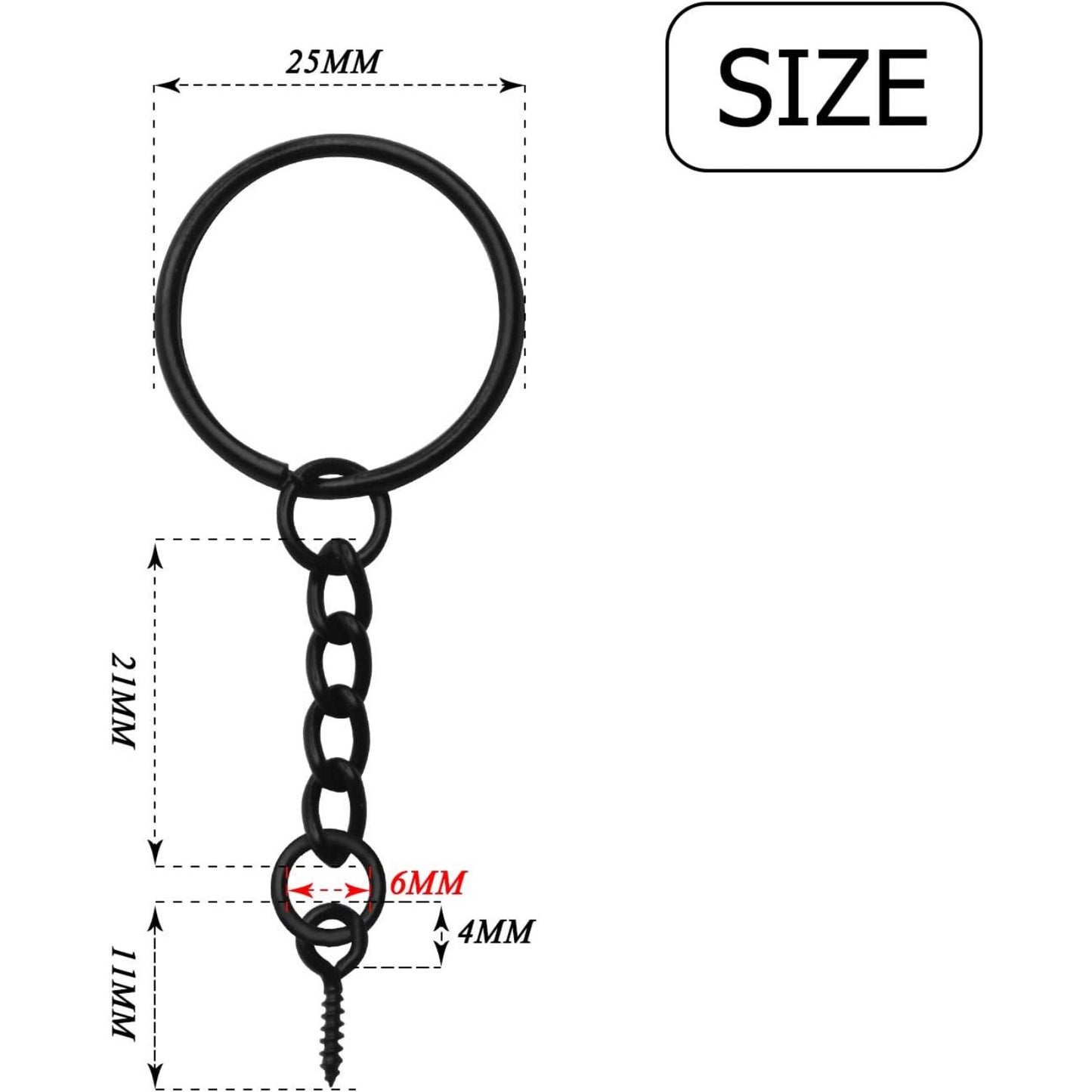 BronaGrand 50pcs 25mm Split Key Ring with Extend Chain and 12mm Screw Eye Pin for Craft Charm Making,Black