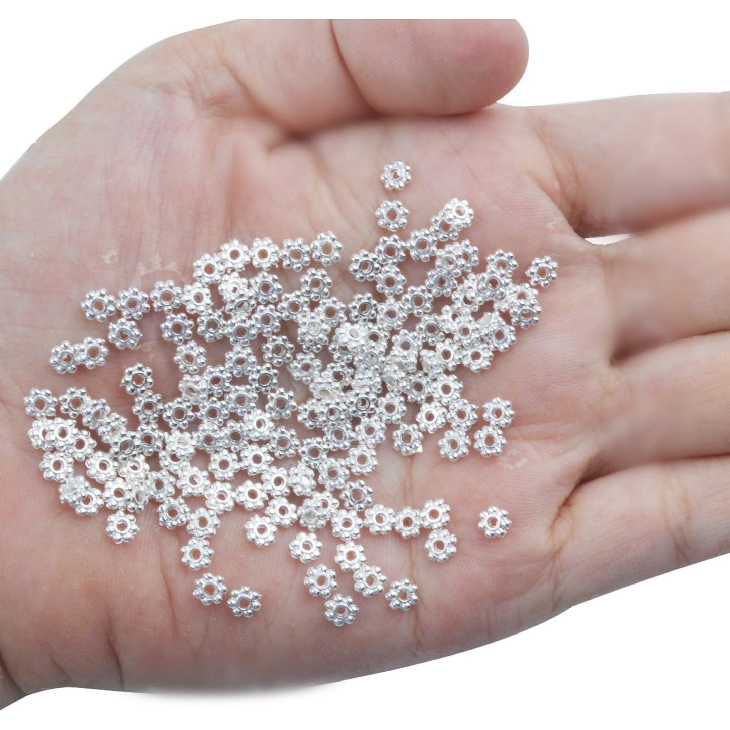 BronaGrand 500pcs Metal Daisy Spacer Beads 4mm for DIY Jewelry Making(Silver)