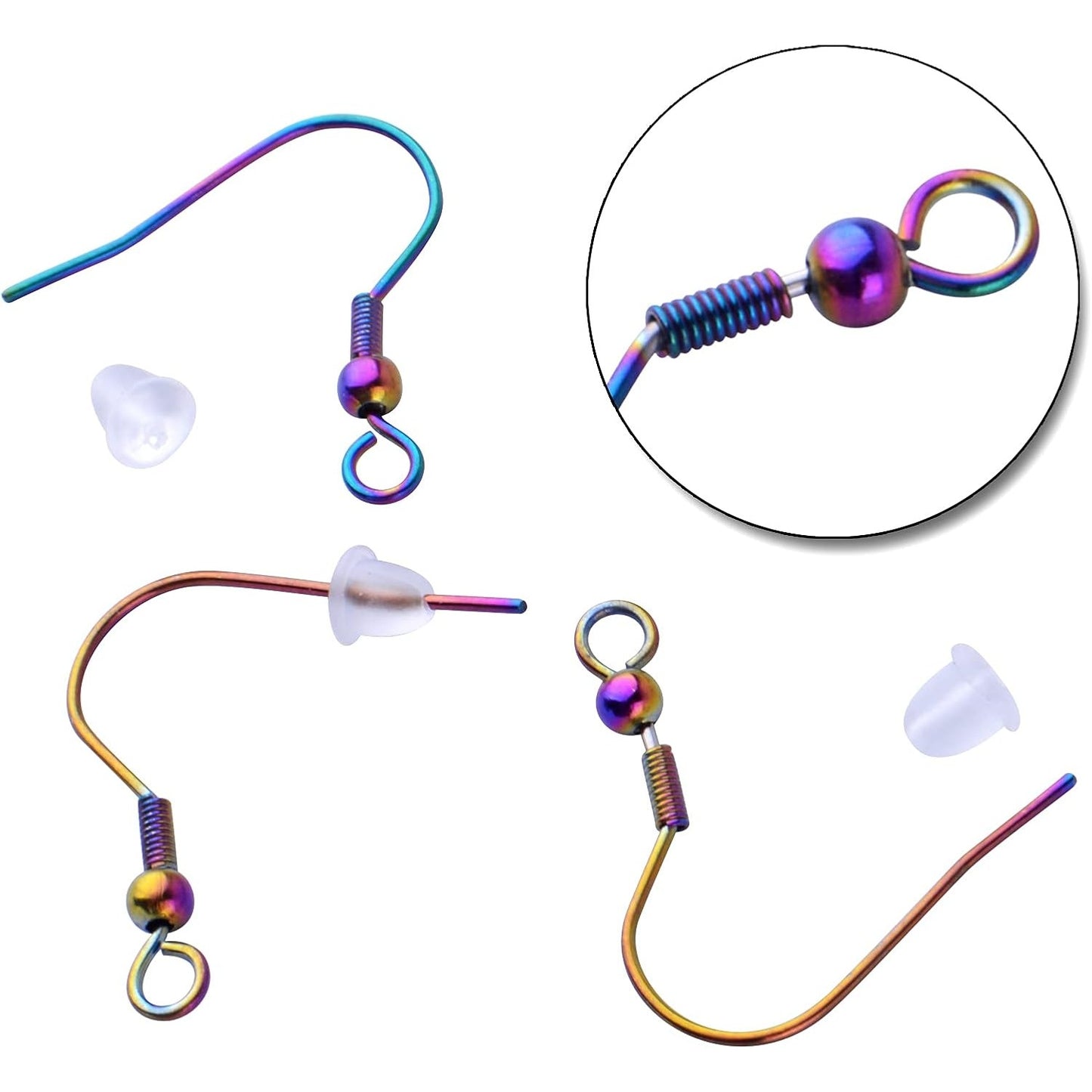 Stainless Steel Earring Hooks, 50pcs Rainbow Color Fish Earrings Hooks Ear Wires Fish Hooks Hypo-allergenic with 50pcs Clear Bullet Earring Backs for DIY Jewelry Earrings Making
