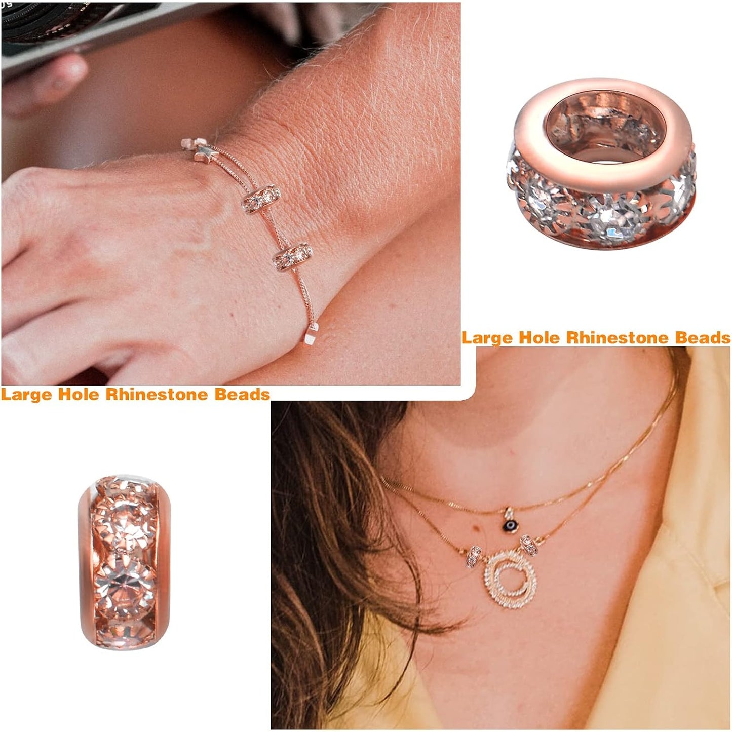 40pcs Rose Gold European Large Hole Beads Rhinestone Rondelle Spacer Beads Crystal Loose Charm Beads for DIY Bracelet Necklace Crafts Jewelry Making Supplies, Hole: 6 mm