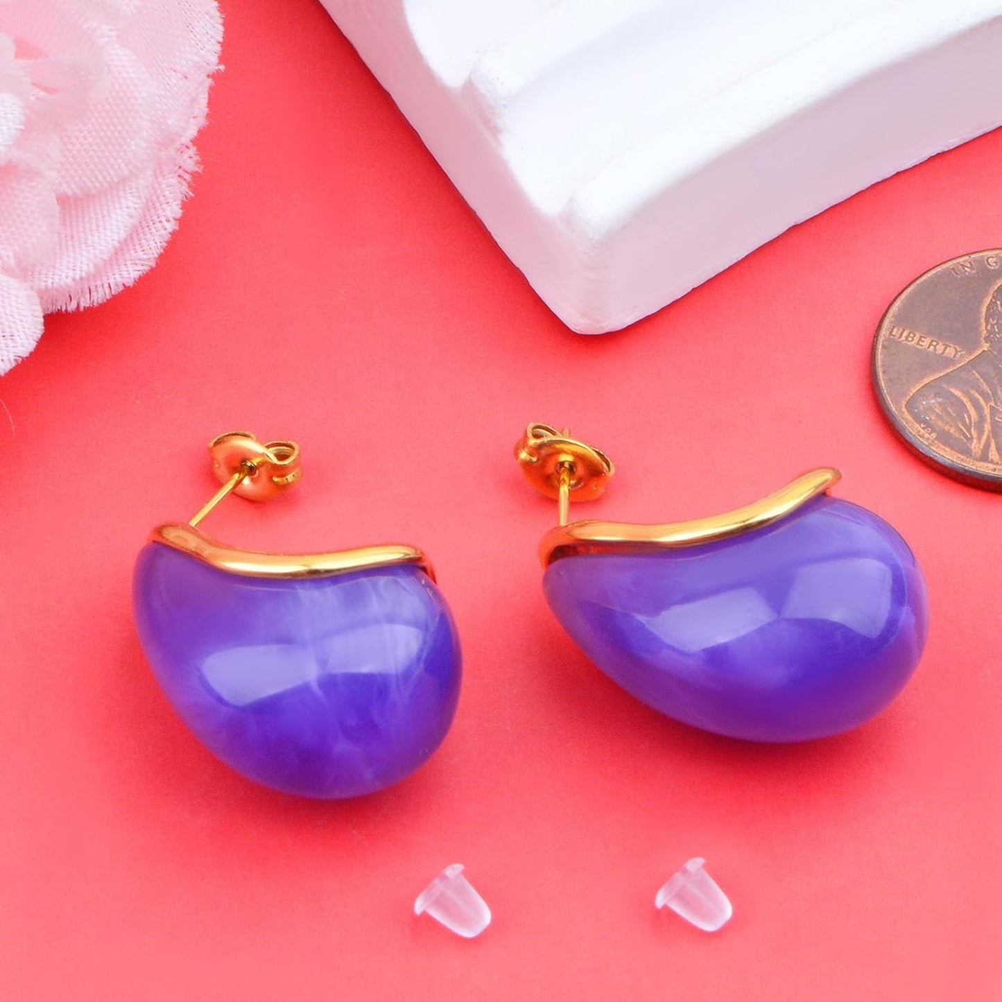 1 Pair Resin Purple Crescent Moon Shape Chunky Hoop Earrings Hypoallergenic Titanium Steel Drop Earring Studs with Earring Safety Backs for Women