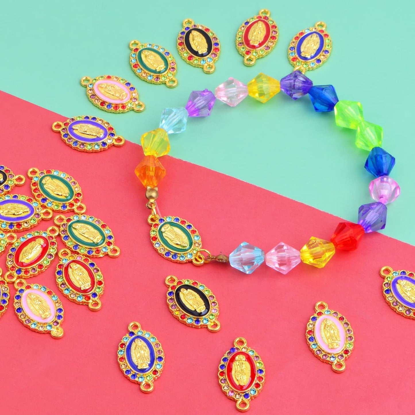 24pcs 6 Colors Enamel Virgin Mary Charms Links Alloy Inlay Rhinestones Our Lady Miraculous Medal Connector Pendants for DIY Necklace Bracelet Earrings Jewelry Making