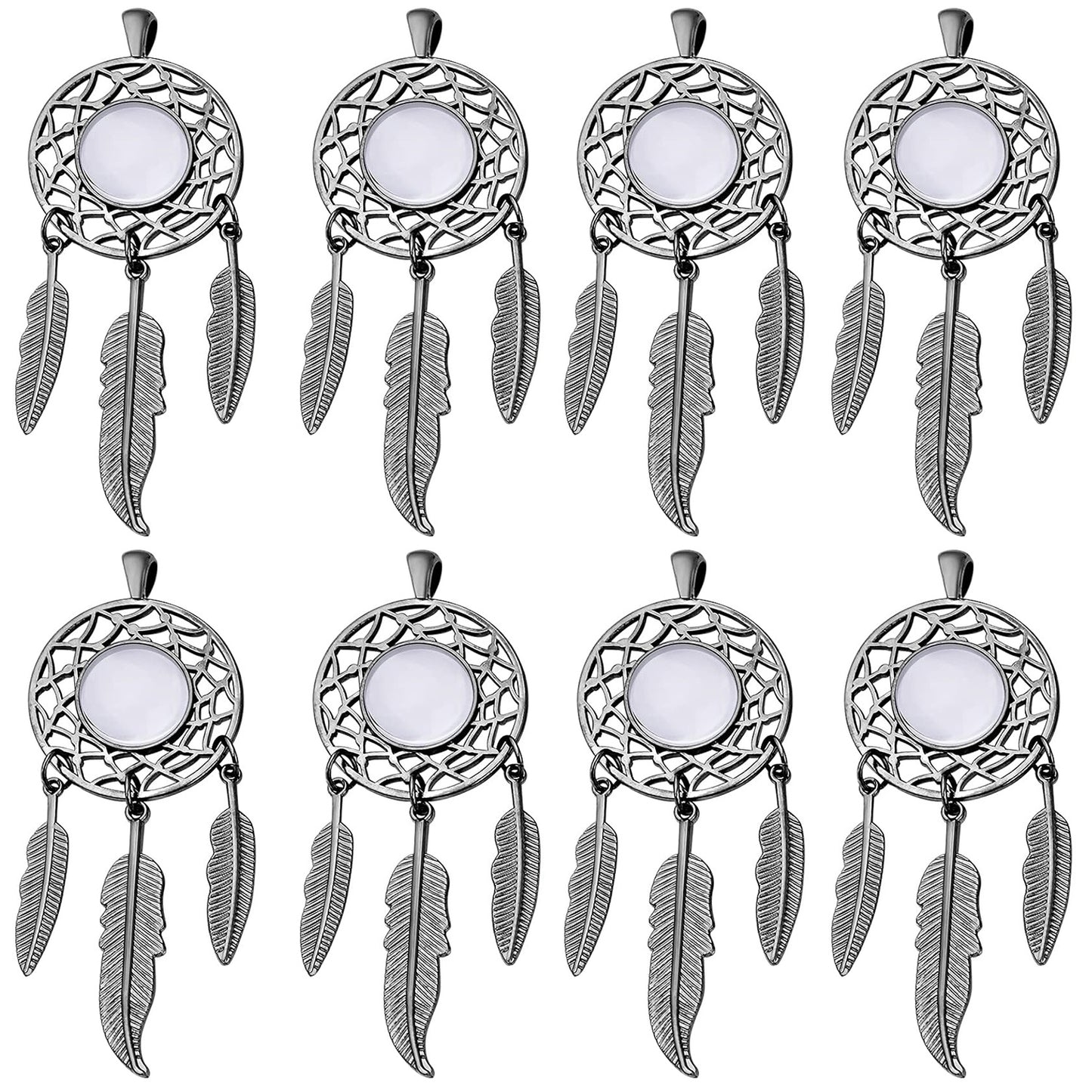 8 Sets Dream Catcher Pendant Trays Dangling Dreamcatcher Charms Feather Filigree Pendants Ornament with Clear Dome Glass Cabochons for DIY Jewelry Making, 4 Colors
