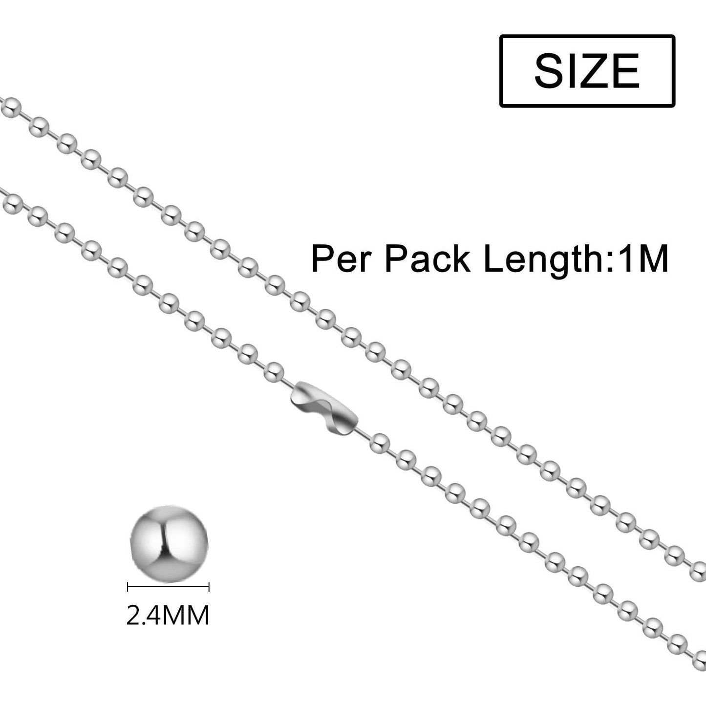 10pcs 1m Length Nickel Beaded 2.4mm Ball Bead Chain Necklaces Pull Chain Extension With 50pcs Connector