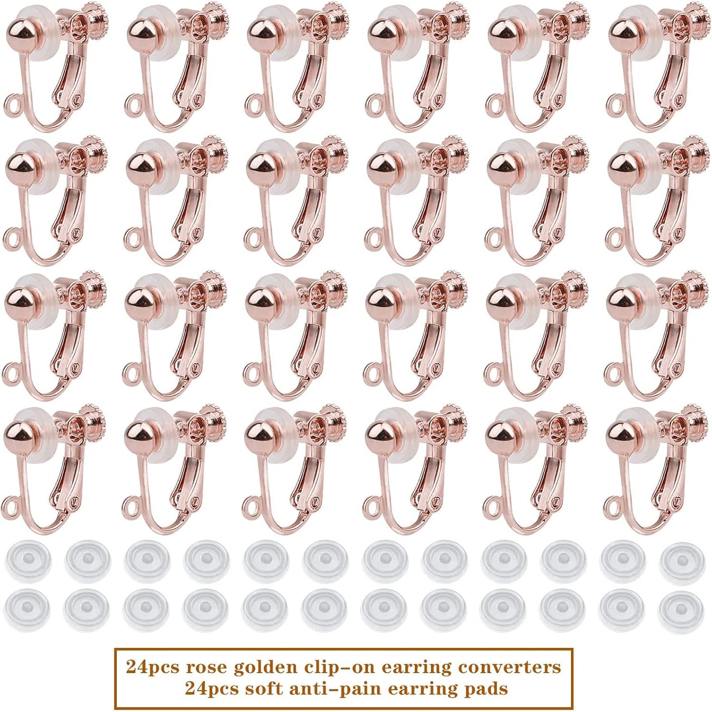 24pcs Clip-on Earring Converters Components Brass Screw Back Ear Wire Earring Findings with Loop and 24pcs Soft Earring Cushions for Non Pierced Ears, Rose Golden