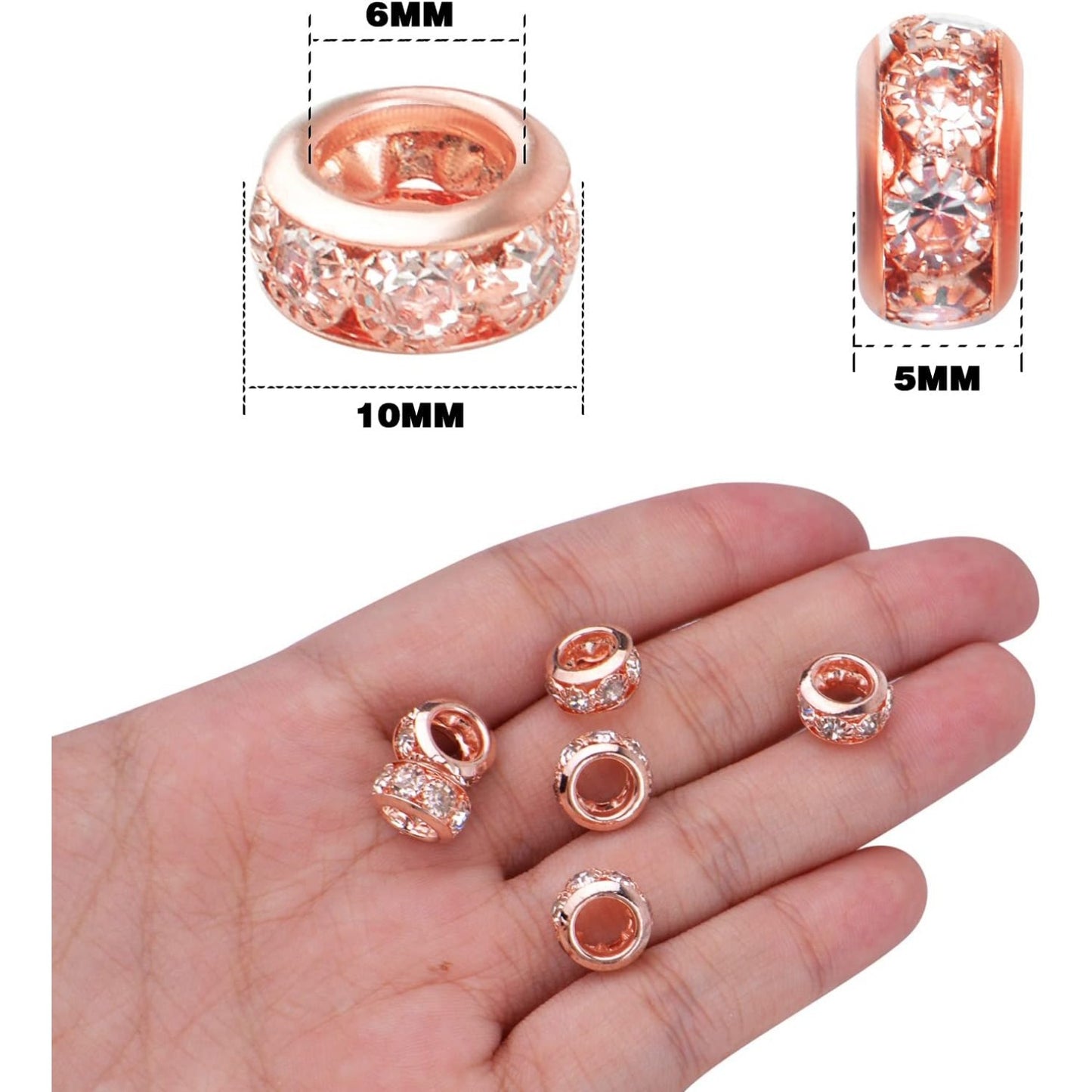 40pcs Rose Gold European Large Hole Beads Rhinestone Rondelle Spacer Beads Crystal Loose Charm Beads for DIY Bracelet Necklace Crafts Jewelry Making Supplies, Hole: 6 mm