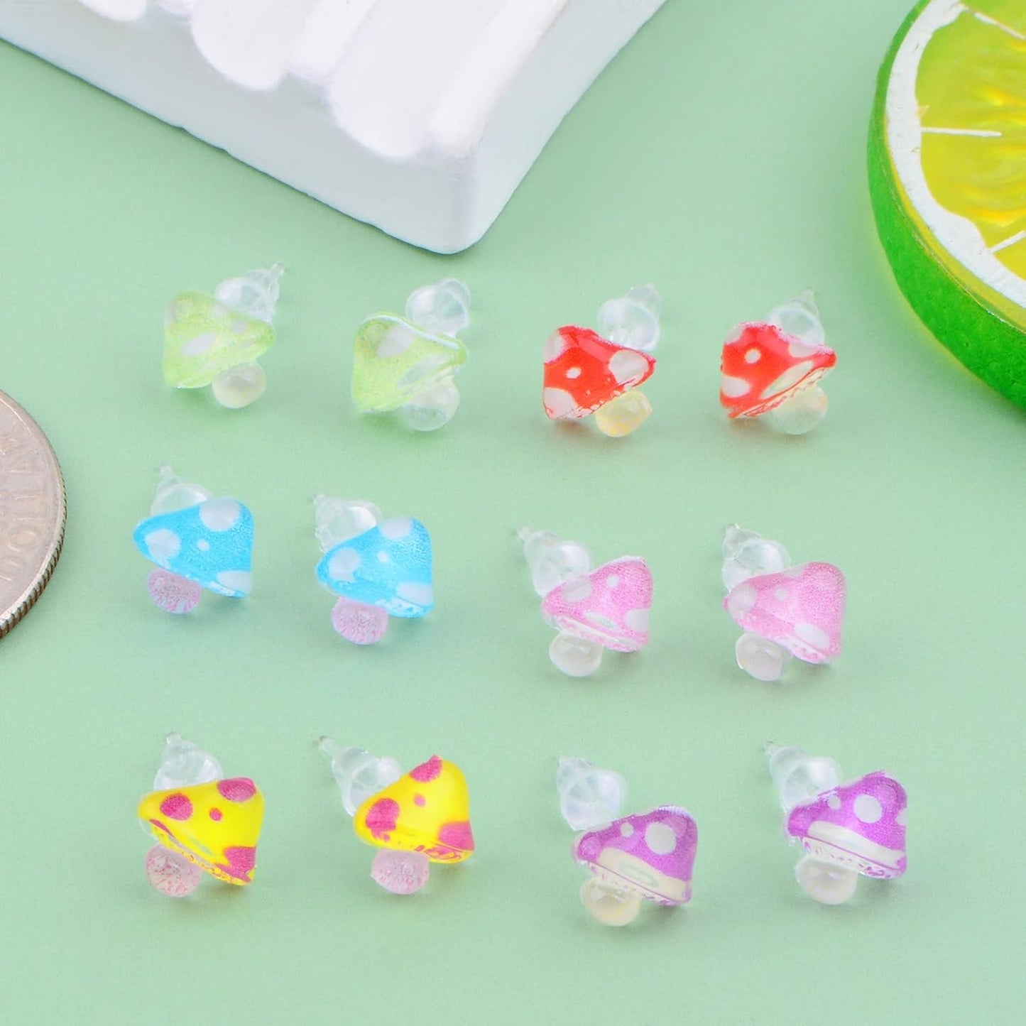 6 Pairs Plastic Mushroom Earring Posts Cute Mushroom-Shaped Earring Pin Studs with Clear Bullet Earring Backs for Women Sensitive Ears Work Home Replacements, 6 Colors