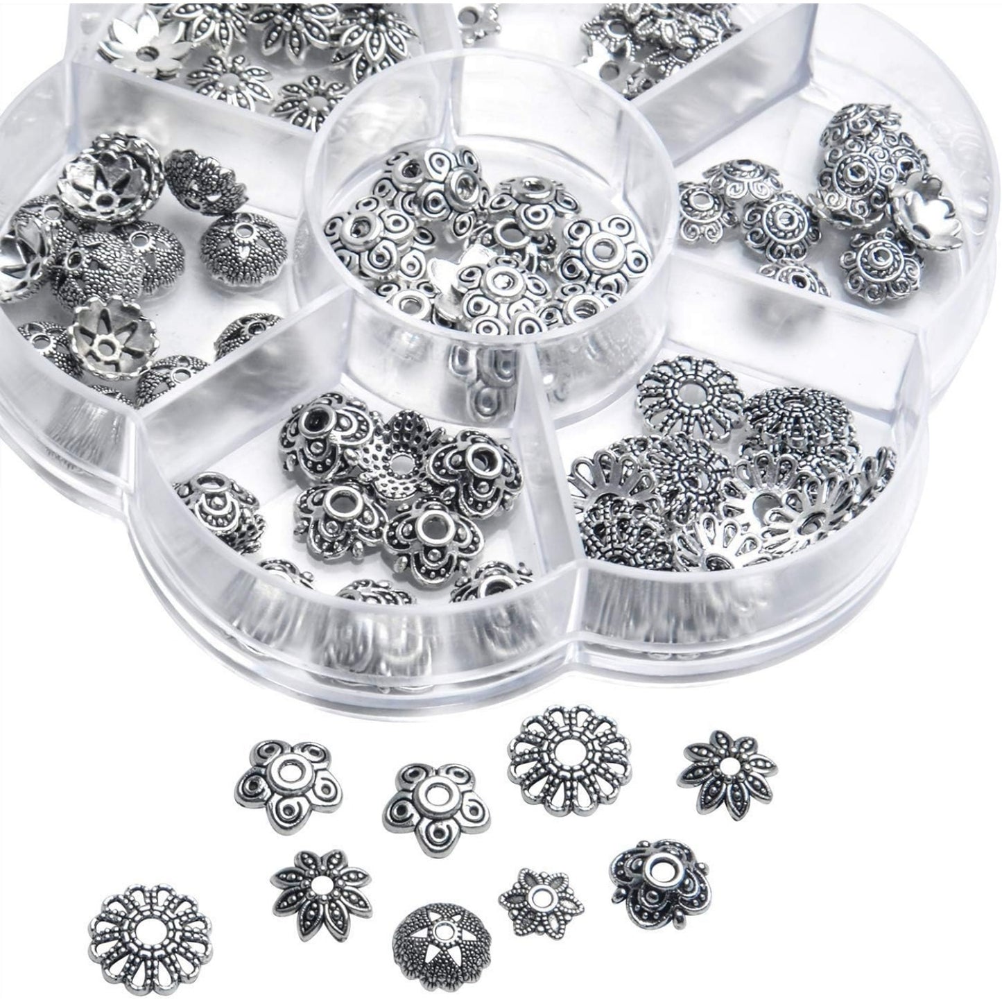 Silver Bead Caps,140pcs Tibetan Bead Caps Vintage Flower Beads Ends Loose Spacer Beads DIY Jewelry Findings for Crafts Making Bracelet Necklace Arts,7 Styles