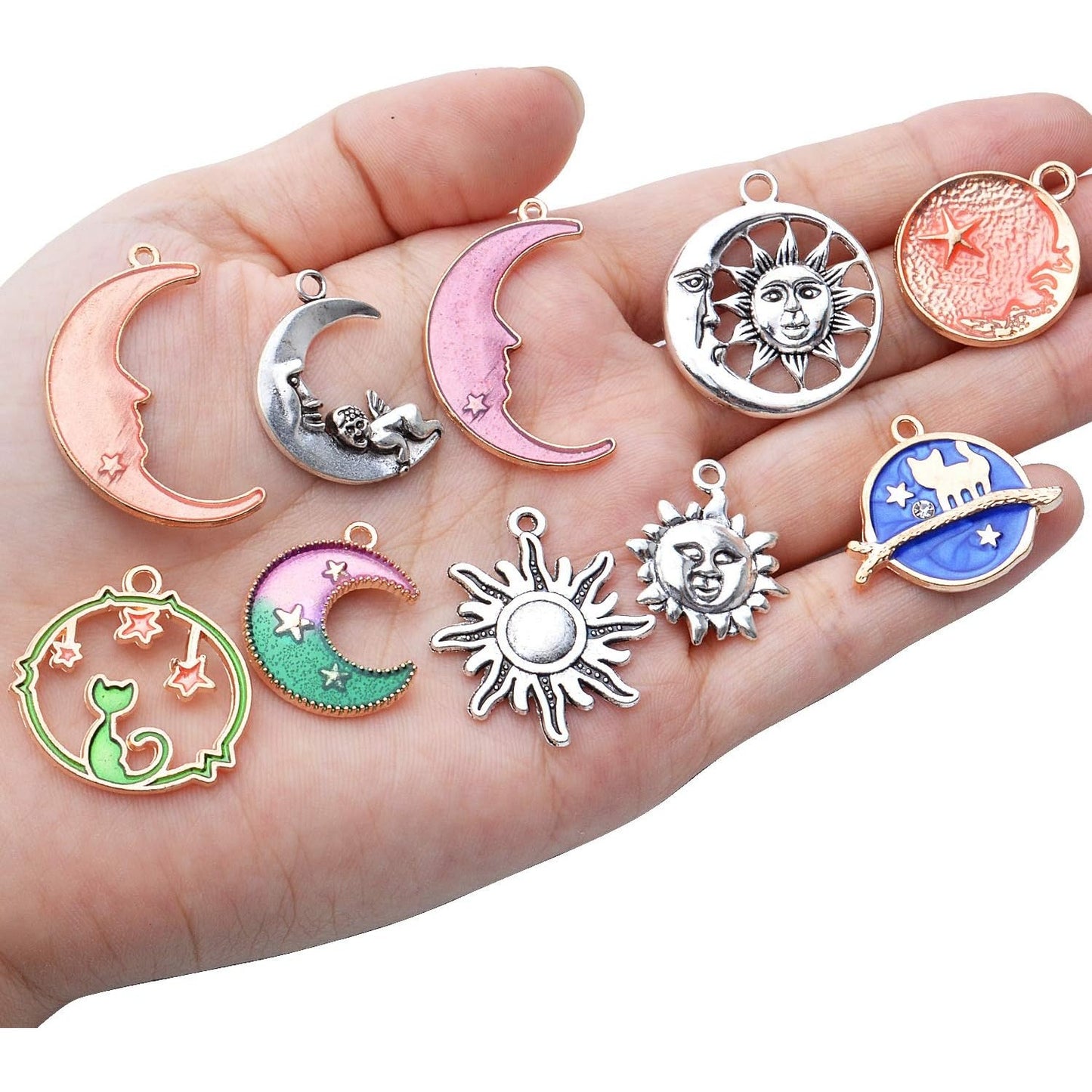 120pcs Celestial Charms Pendants, Mixed Antique Silver Sun Stars Moon Charm Pendant,Enamel Moon Star Cat Charms Pendants for DIY Earrings Necklace Jewelry Making Crafts