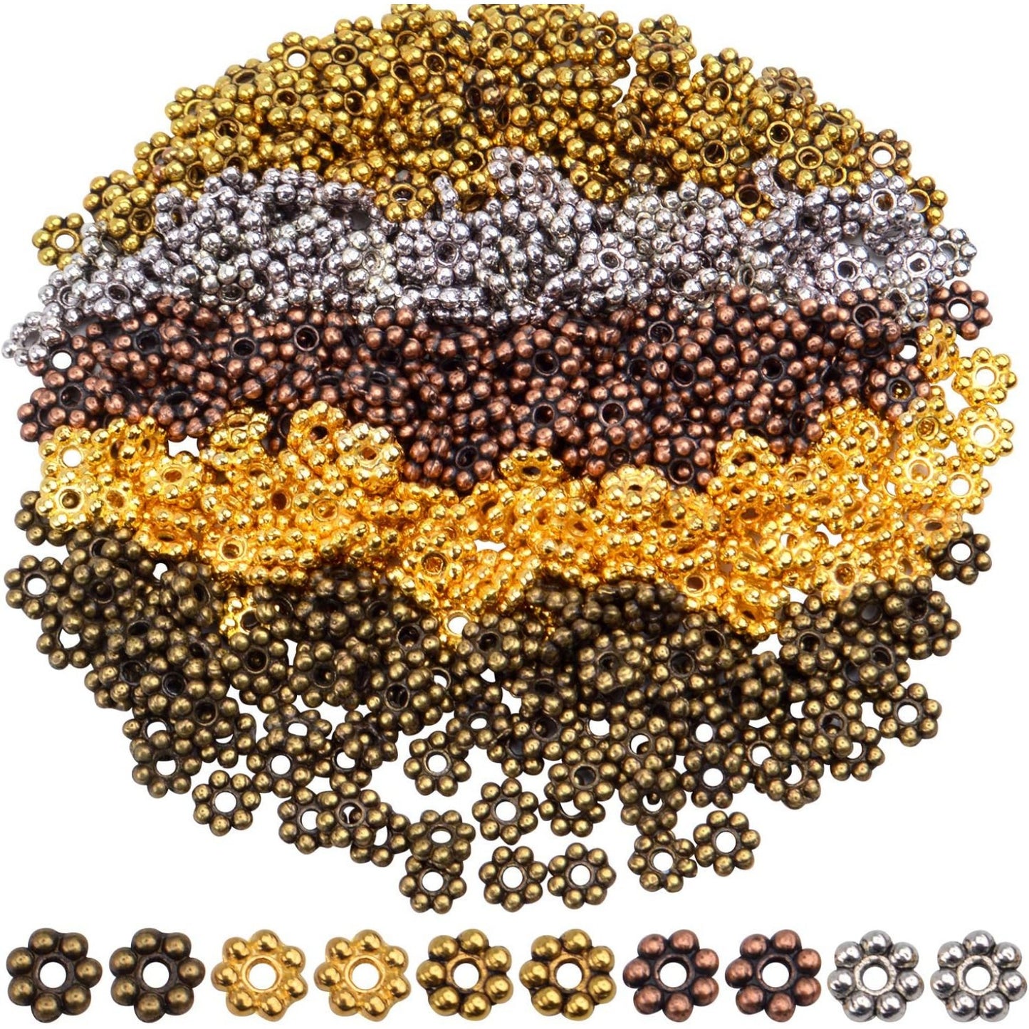 BronaGrand 500pcs Metal Daisy Spacer Beads 5mm for DIY Jewelry Making (5 Colors)
