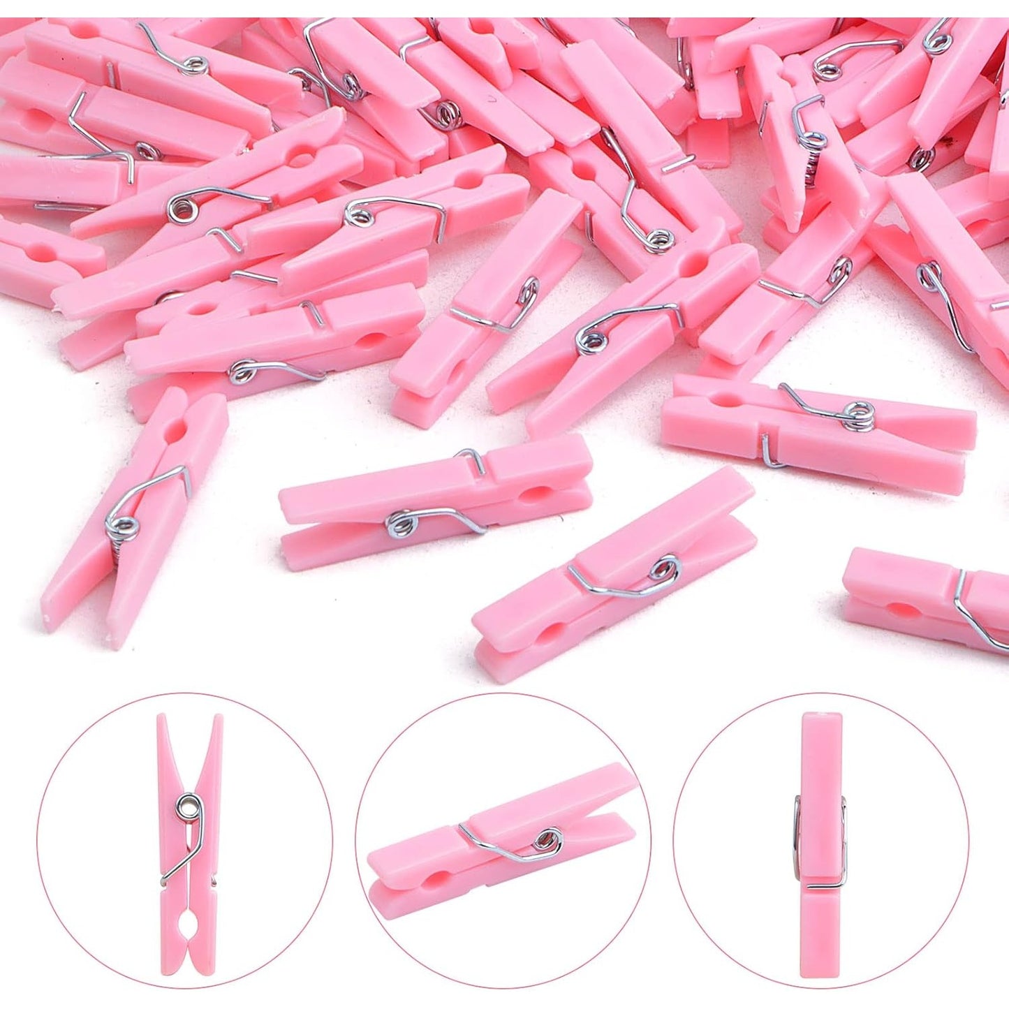 100 Piece Pink Plastic Photo Clips Small Laundry Clothespins Clips Decorative Craft Paper Clips for String Fairy Lights Picture Home Office Decor, 34 x 5 x 8.5 mm