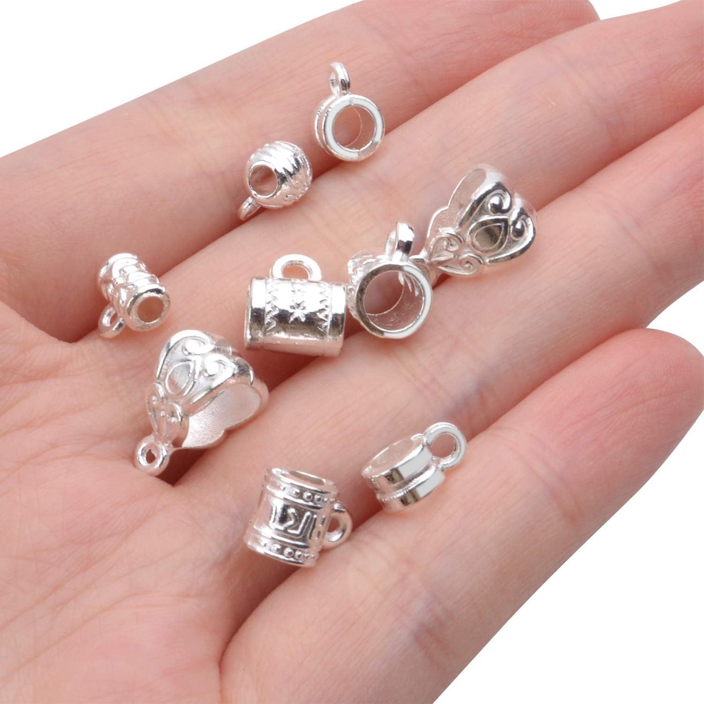 100g (About 120-170pcs) Mixed Bright Silver Bail Beads,Spacer Bead,Bail Tube Beads,Bracelet Charms,Necklace Pendants for Jewelry and Craft Making
