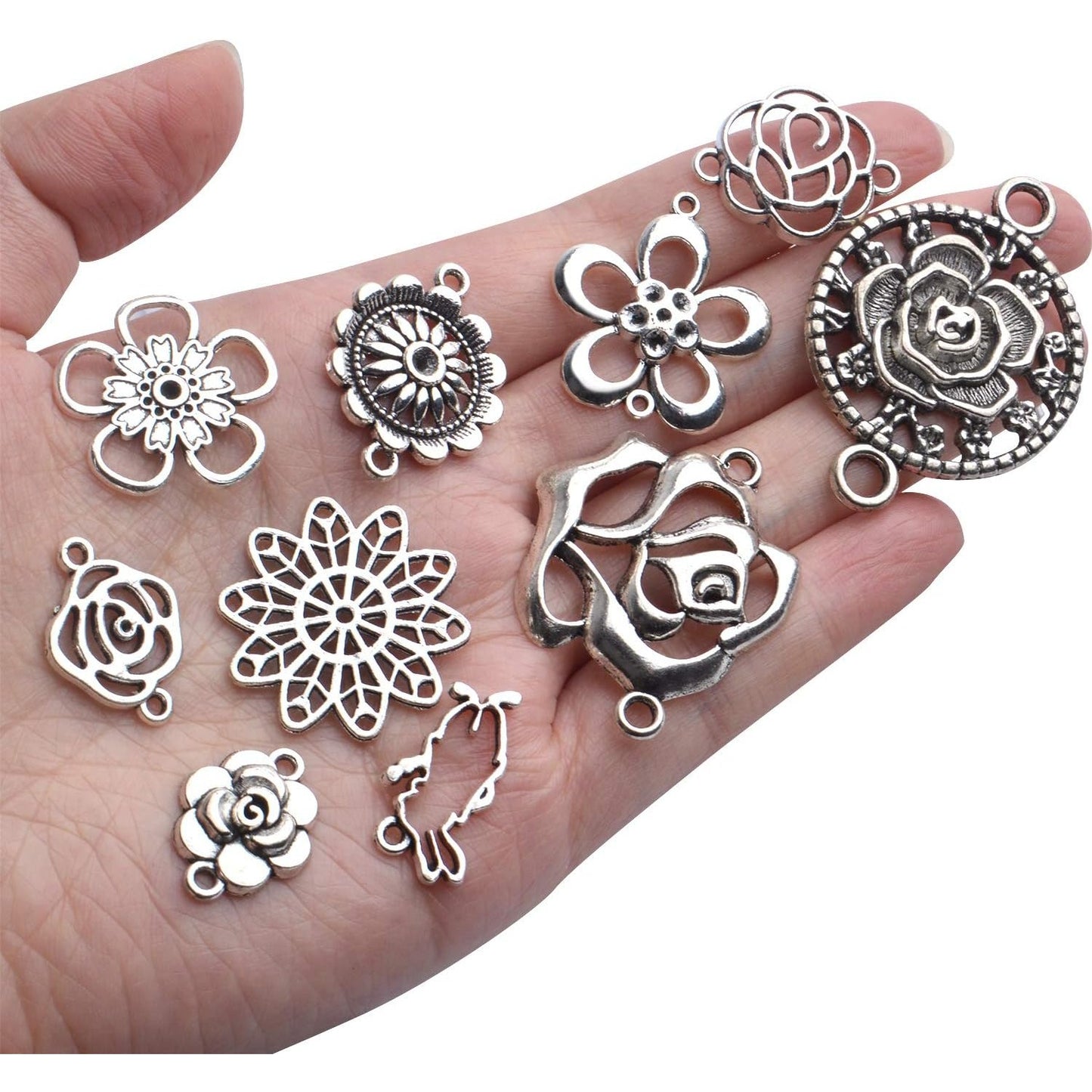Antique Silver Flower Jewelry Connectors - Tibetan Filigree Charms for Earrings, Bracelets & Necklaces