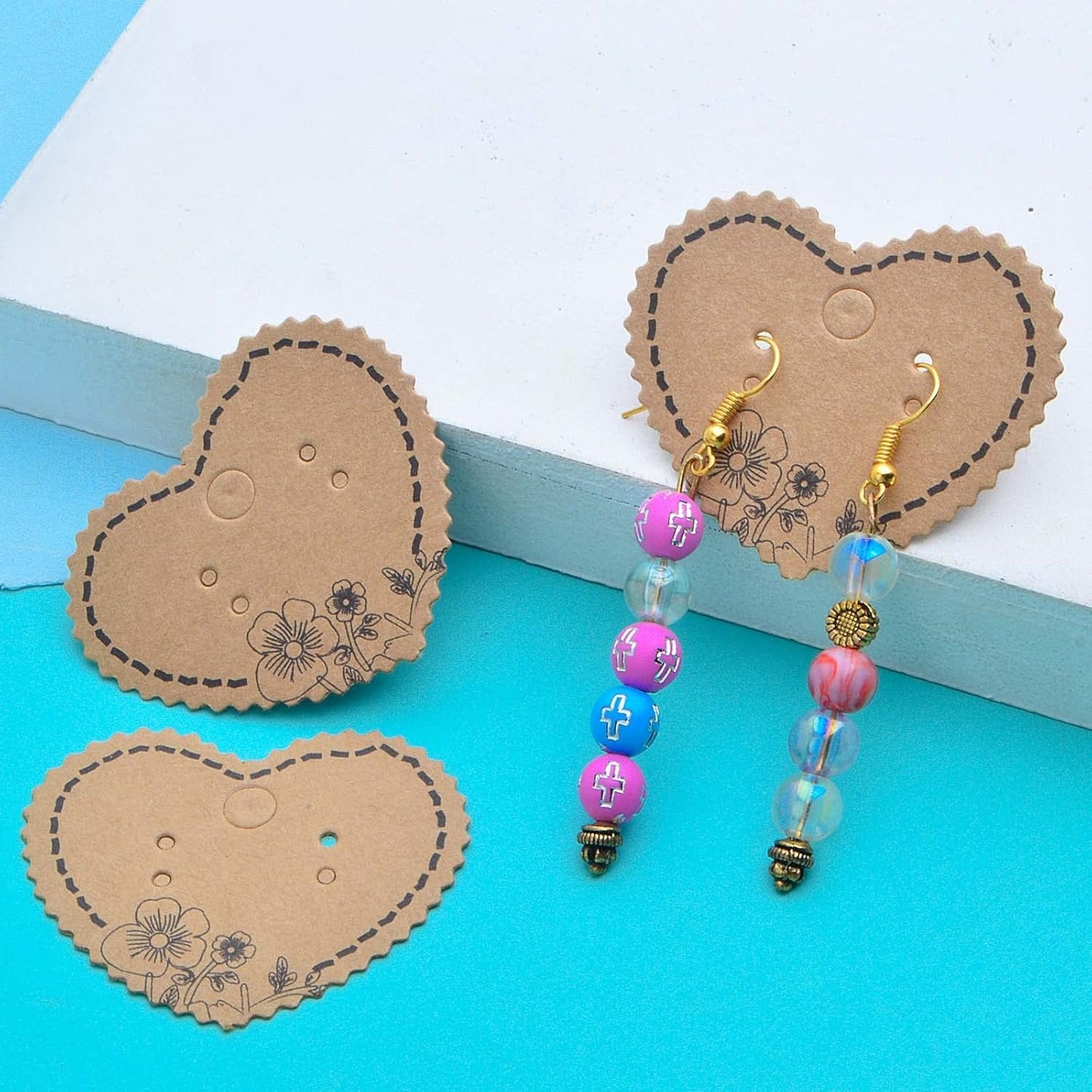 100pcs Heart Earring Card Holder Jewelry Display Cards and 100pcs OPP Self-Sealing Bags with 200pcs Clear Earring Backs for Necklace Earrings Jewelry Display, Brown