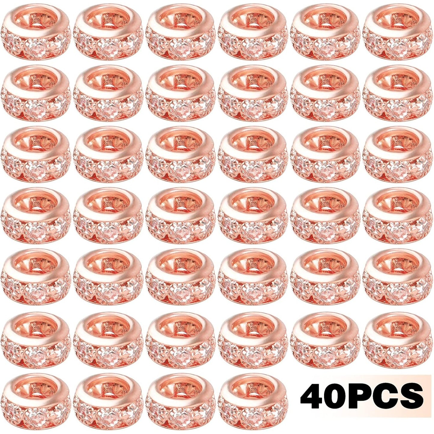 40pcs Rose Gold European Large Hole Beads Rhinestone Rondelle Spacer Beads Crystal Loose Charm Beads for DIY Bracelet Necklace Crafts Jewelry Making Supplies, Hole: 6 mm