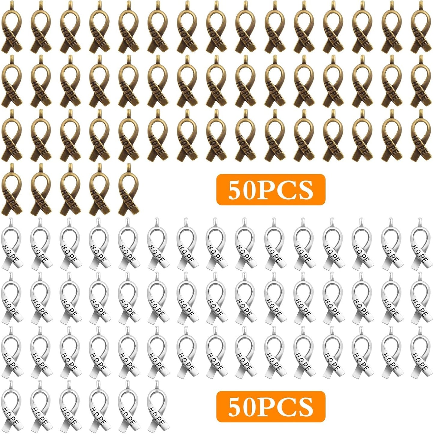 100pcs Hope Breast Cancer Awareness Ribbon Alloy Charms Pendants DIY for Necklaces Bracelets, Antiqued Silver and Bronze