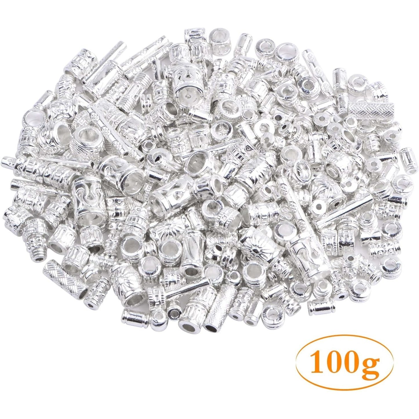 100 Gram Mixed Column Barrel Spacer Beads Vintage Alloy Tube Bar Shape Loose Charm Beads Accessories for DIY Bracelet Necklace Jewelry Making Findings, Bright Silver