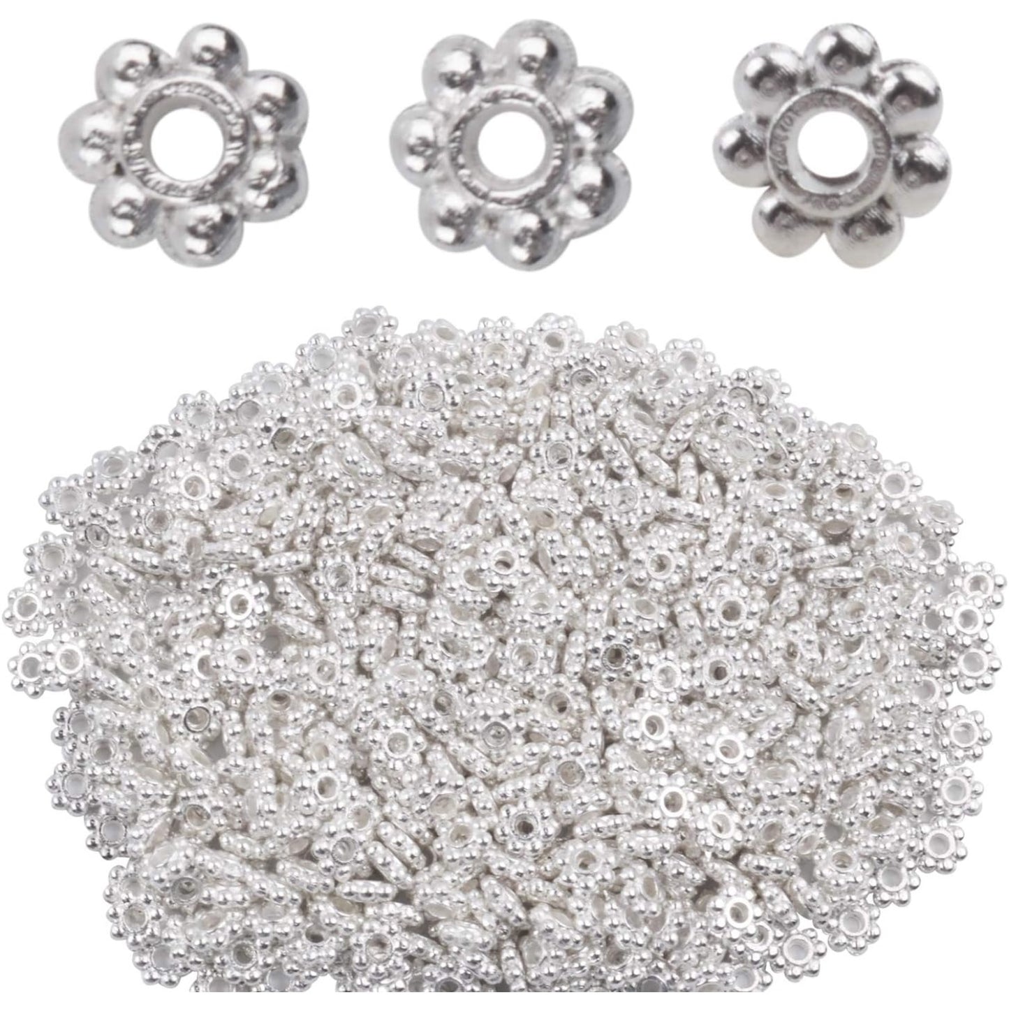 BronaGrand 500pcs Metal Daisy Spacer Beads 4mm for DIY Jewelry Making(Silver)
