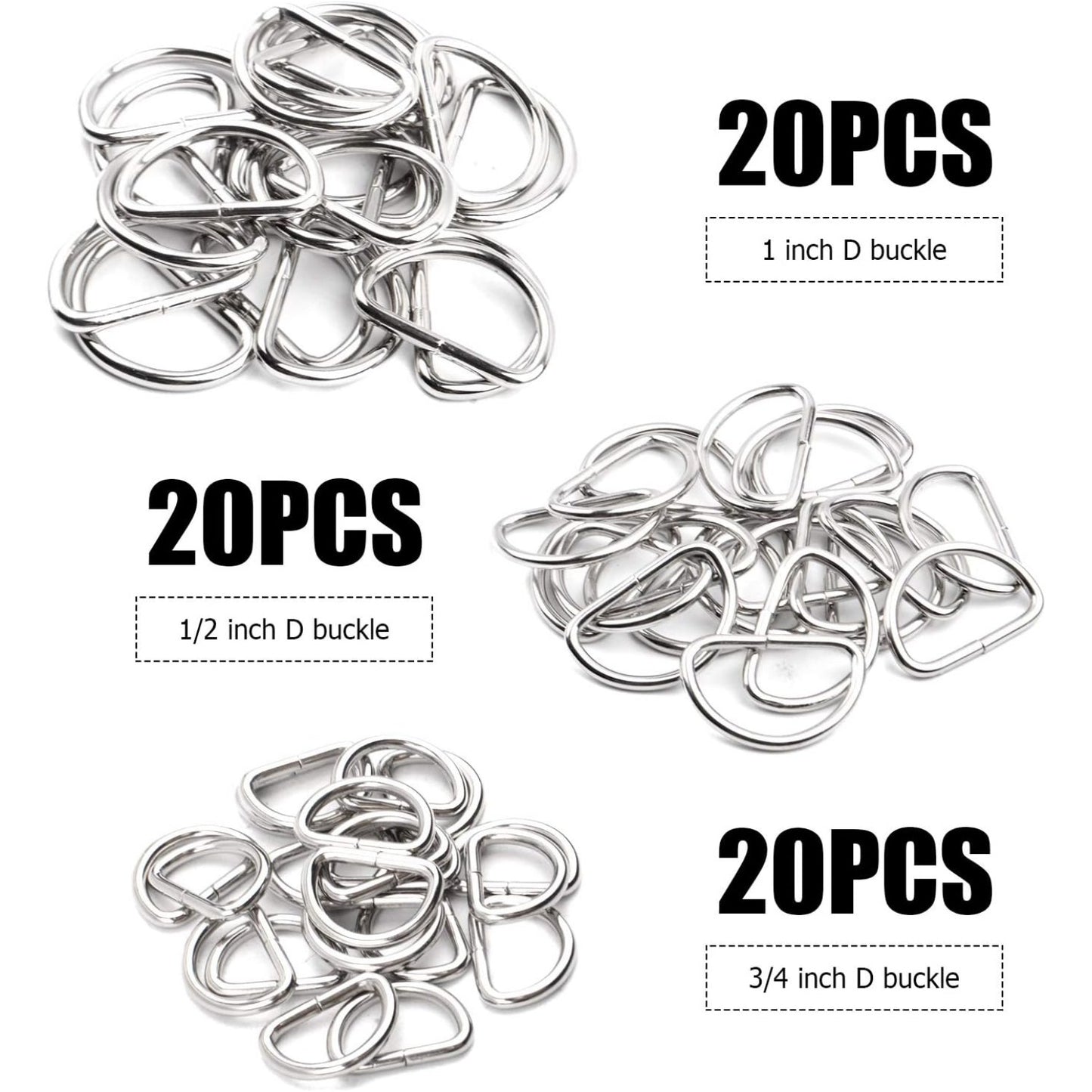 60pcs Assorted Multi-Purpose Metal D Ring Semi-Circular D Ring for Hardware Bags Ring Hand DIY Accessories - 1/2 Inch, 3/4 Inch, 1 Inch
