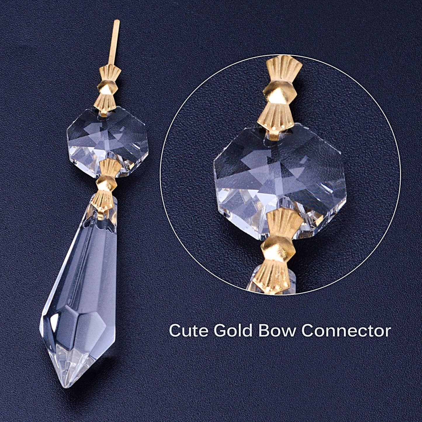 20 Pieces Replacement Clear Chandelier Icicle Crystal Prisms Octogan Crystal Bead for Lamp Decoration,38mm,Gold Bow Tie Connectors