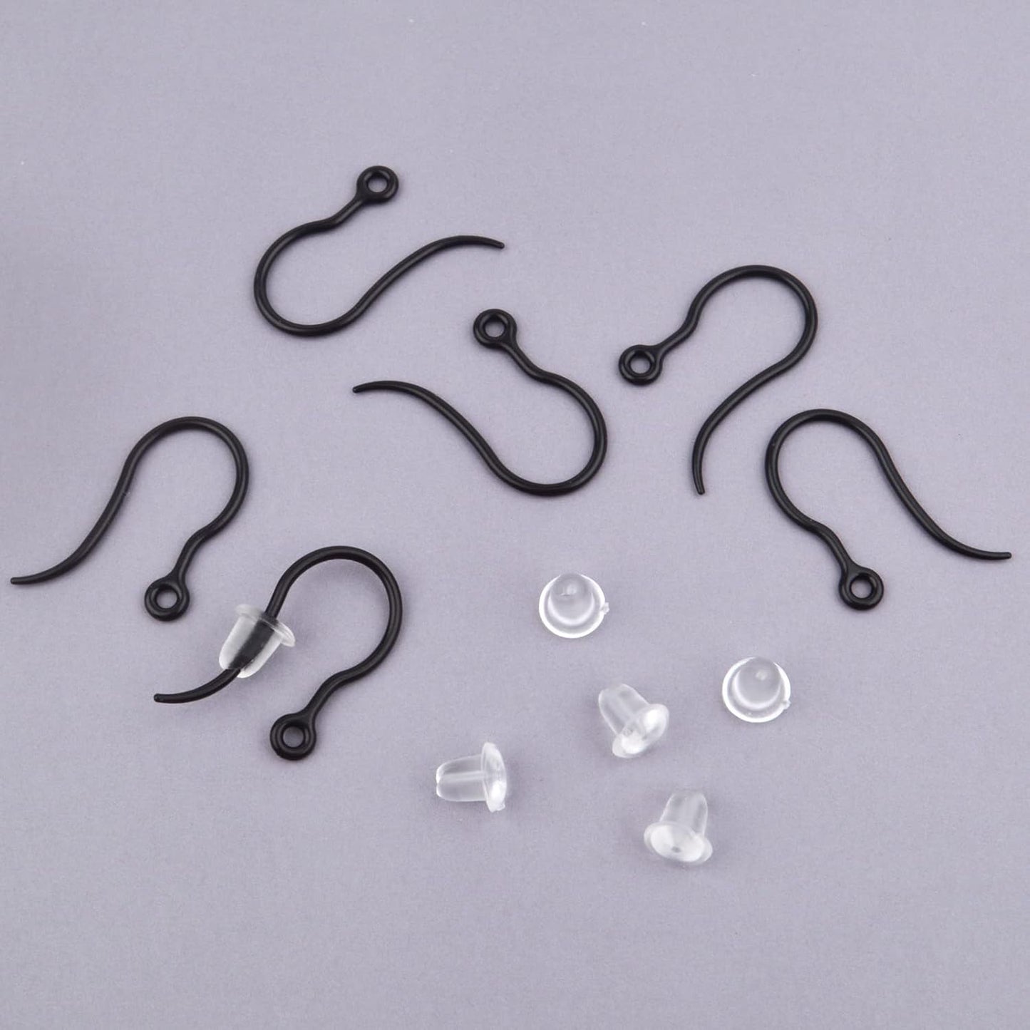 100pcs Black Plastic Earring Hooks French Earwire Fish Hooks with Loop and 100pcs Clear Earring Safety Backs for Women DIY Earrings Jewelry Making