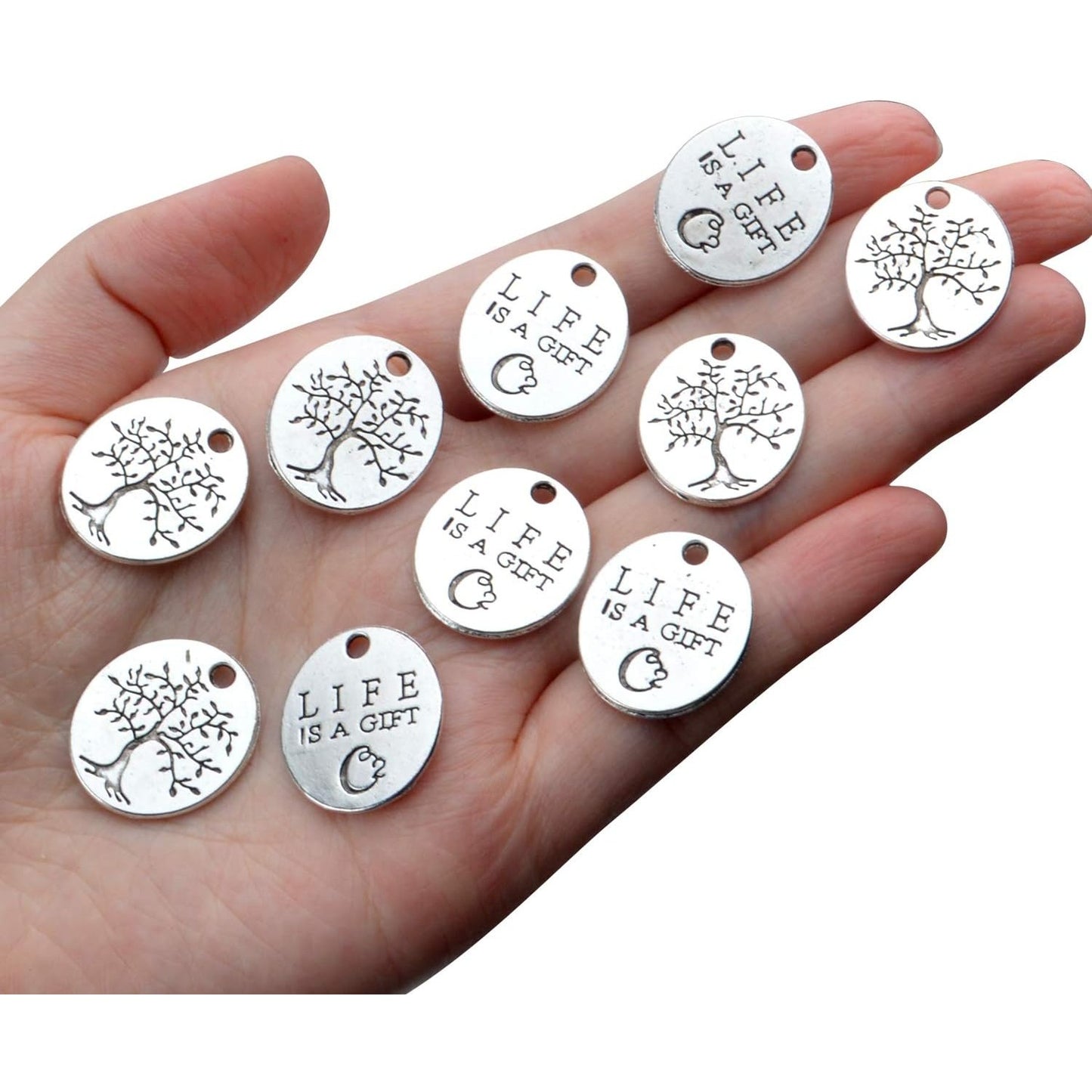 Inspirational Words Charms, 30pcs Lettering Saying Pendants (LIFE IS A GIFT) Tree of Life Charms Beads Jewelry Findings for DIY Necklace Bracelet - Double-Sided Design