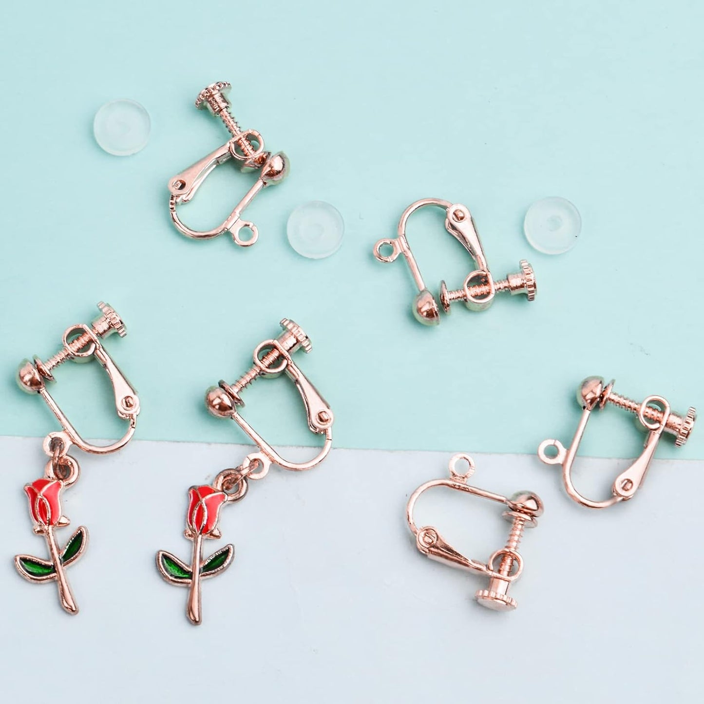 24pcs Clip-on Earring Converters Components Brass Screw Back Ear Wire Earring Findings with Loop and 24pcs Soft Earring Cushions for Non Pierced Ears, Rose Golden