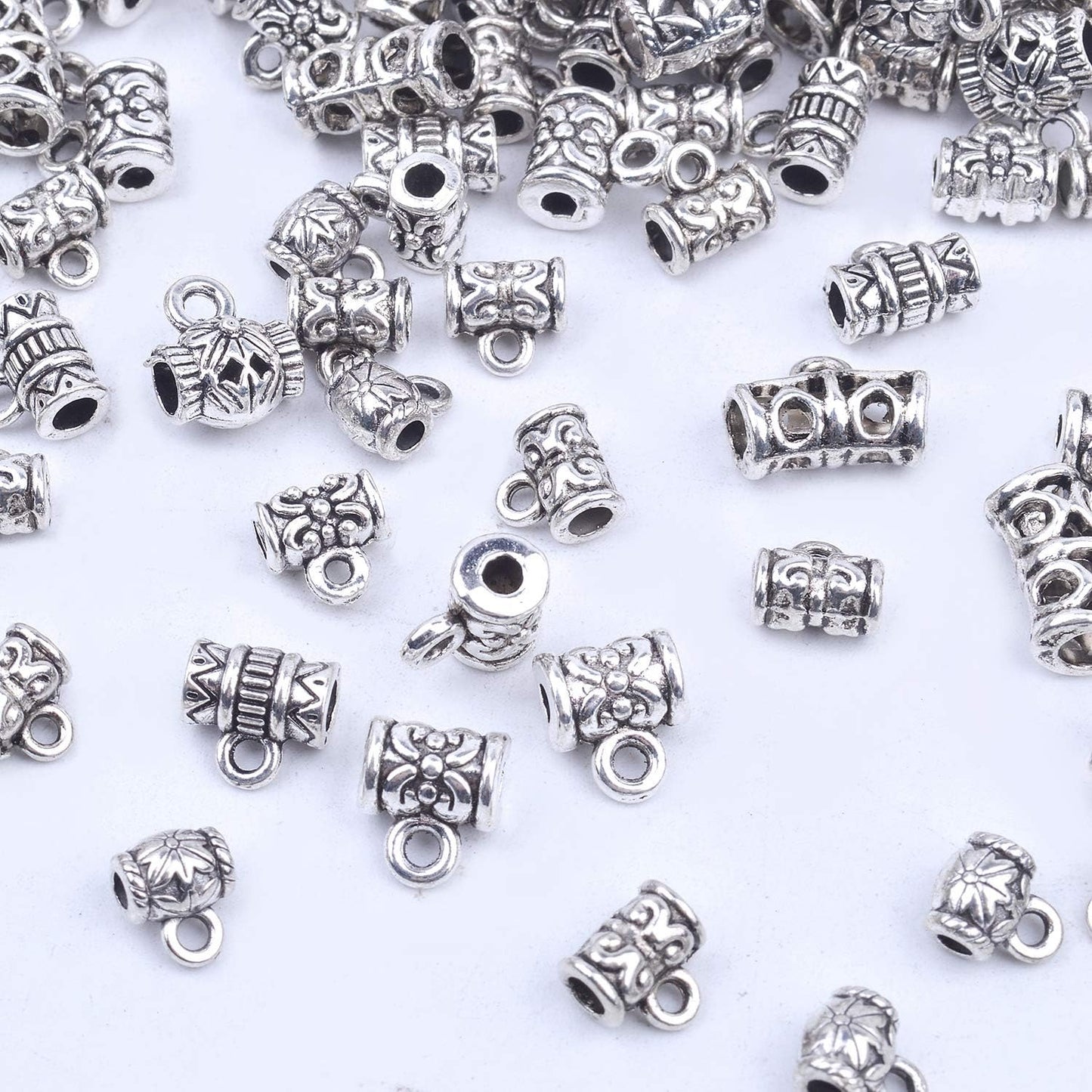 100g (About 130-170pcs) Mixed Antique Tibetan Silver Bail Beads,Spacer Bead,Bail Tube Beads,Bracelet Charms,Necklace Pendants for Jewelry and Craft Making(Small Size)