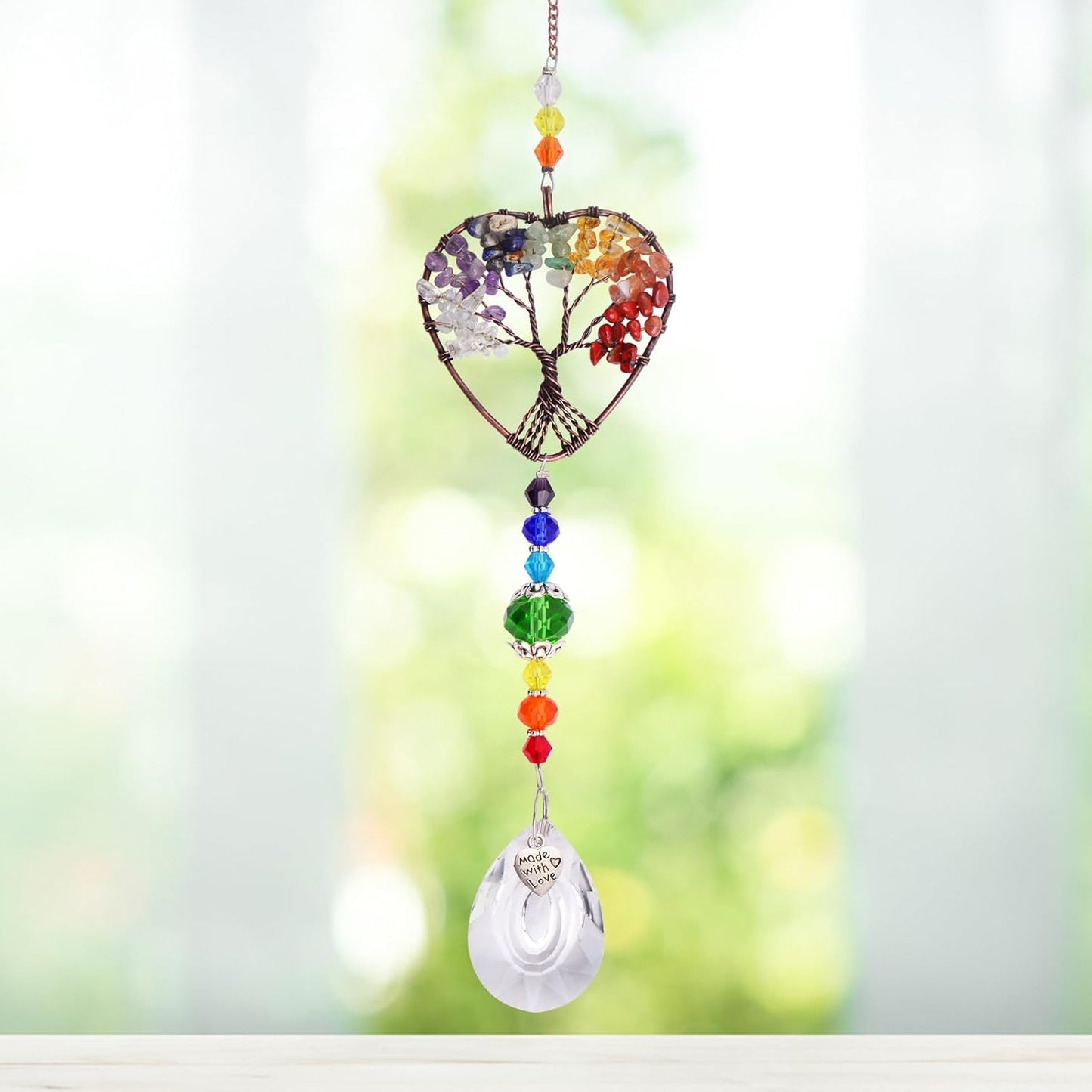 1pcs Rainbow Heart-Shaped Sun Catcher, Tree of Life Crystal Suncatcher Window Hanging Crystals Ornament Chakra Stones Prism Drop Pendant for Garden Home Car Lamp Window Decoration