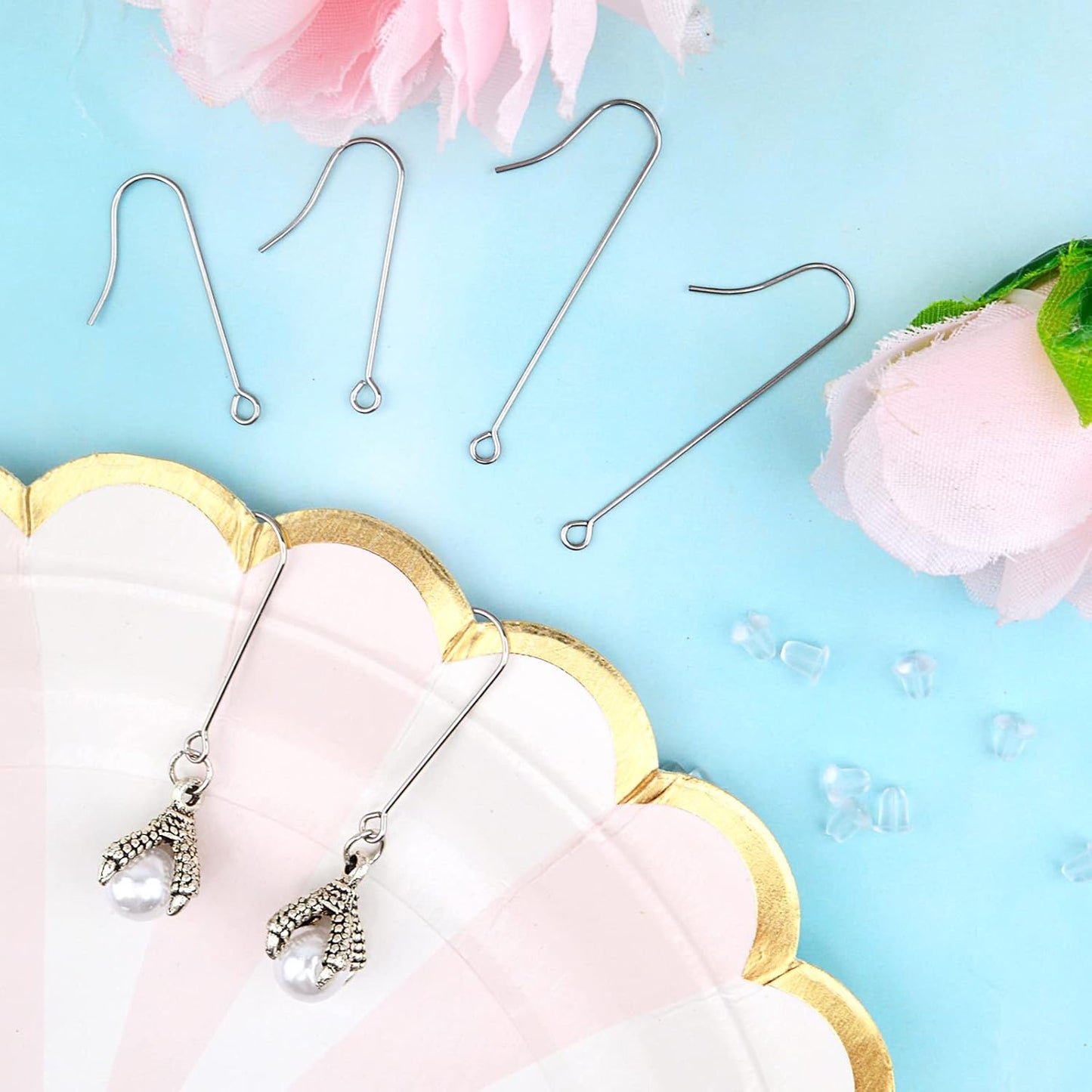 50pcs Stainless Steel Earring Hooks Hypoallergenic Ear Wire Hooks with Hanging Loop Earring Parts and 50pcs Clear Earring Backs for DIY Jewelry Making Supplies, 2 Sizes