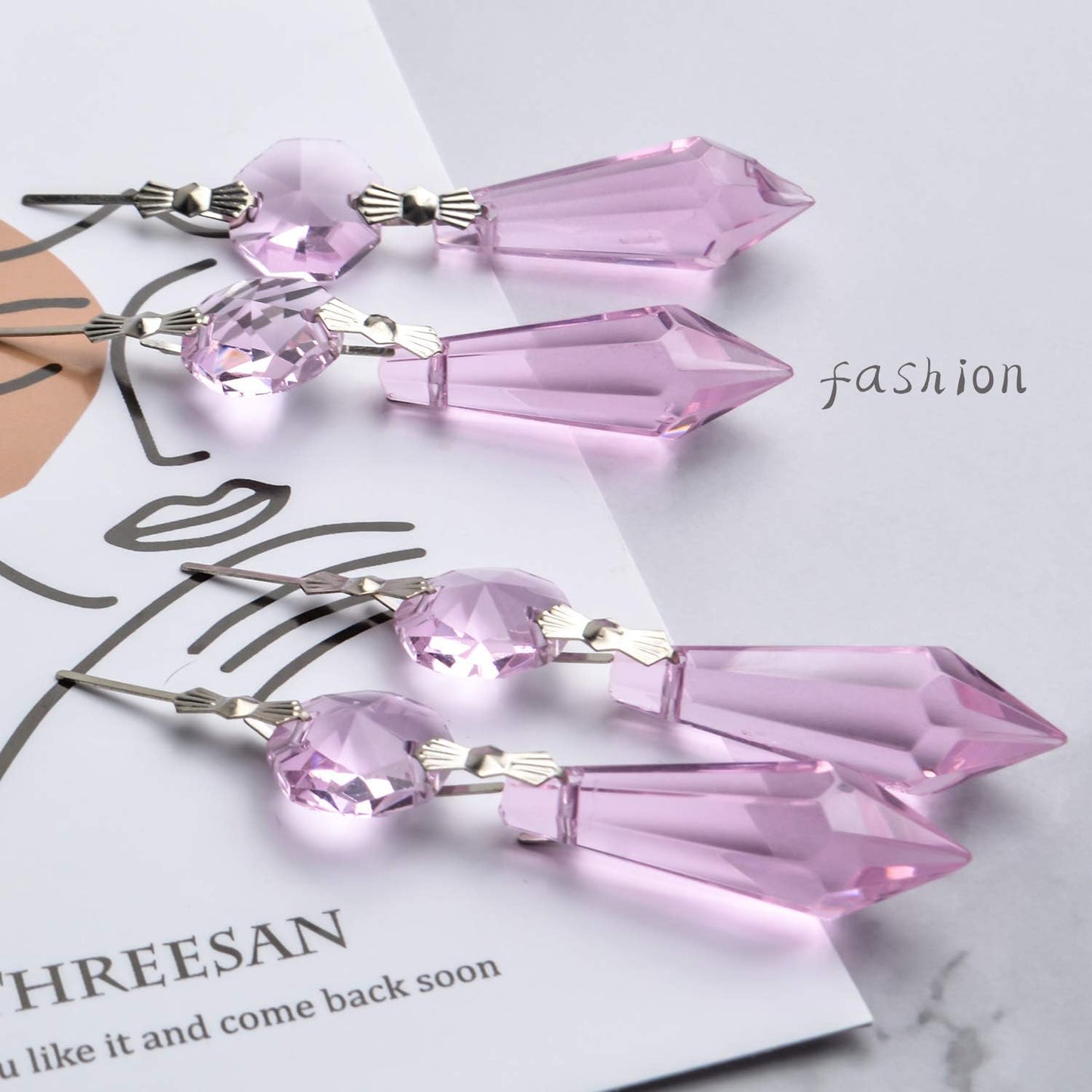 20 Pieces Chandelier Icicle Crystal U-Drop Prisms Lamp Parts Glass Pendants Beads for Wedding, Party or Holiday Decoration, 37mm, Pink