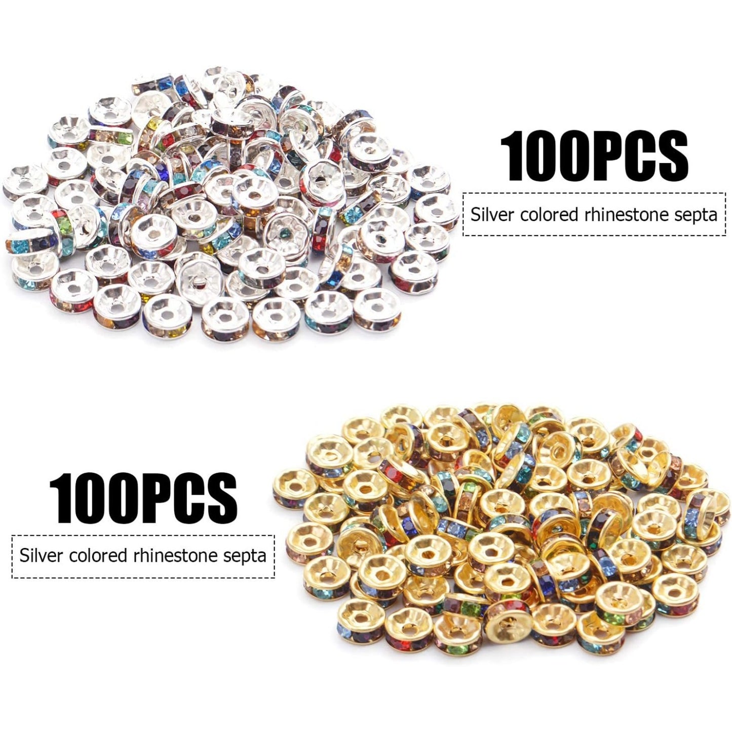 200pcs 8mm Multicolor Rhinestone Spacer Beads Mixed Crystal Rondelle Beads for Bracelets Necklaces Jewelry Making,Gold & Silver