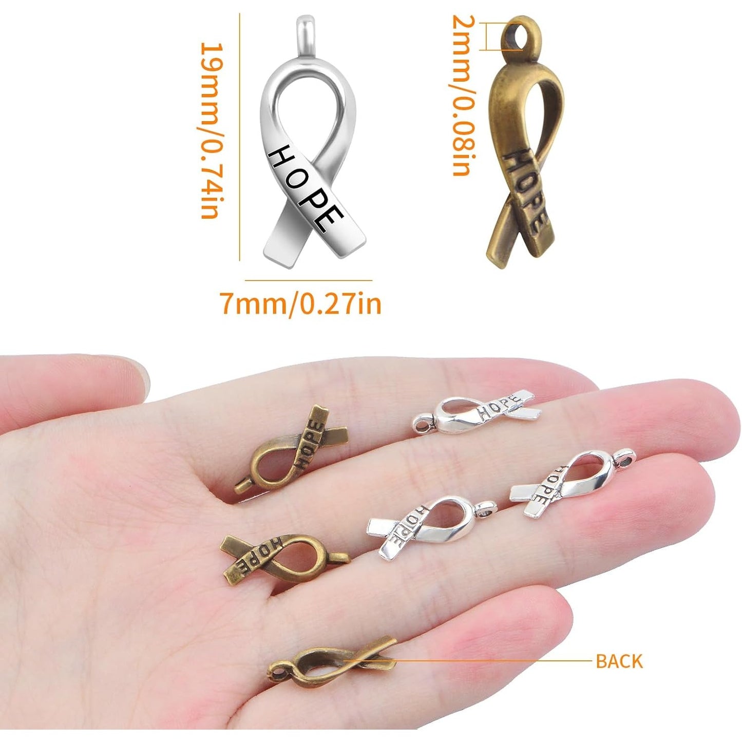 100pcs Hope Breast Cancer Awareness Ribbon Alloy Charms Pendants DIY for Necklaces Bracelets, Antiqued Silver and Bronze
