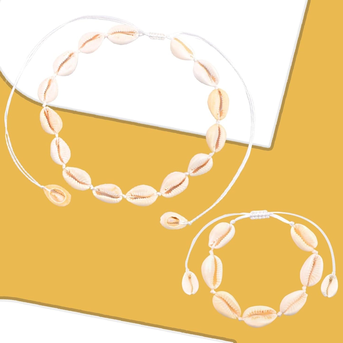 Sea Shell Necklace Bracelet Set, Handmade Adjustable Natural Shell Bracelets Summer Boho Hawaii Braided Rope Beach Conch Seashell Choker Collars for Women Lady Jewelry Gift