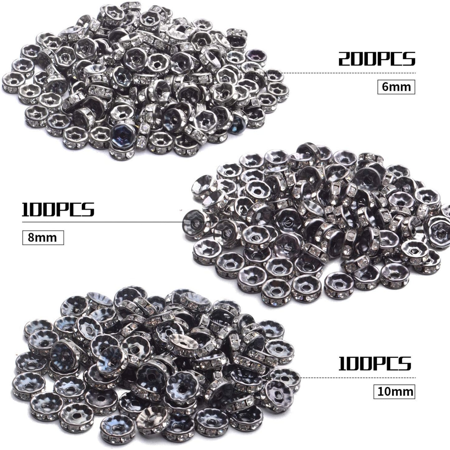 Crystal Spacer Beads,400pcs Gun-Black Rhinestone Beads Alloy Rondelle Loose Beads Craft Accessories for DIY Jewelry Bracelet Necklace Making,6mm/8mm/10mm