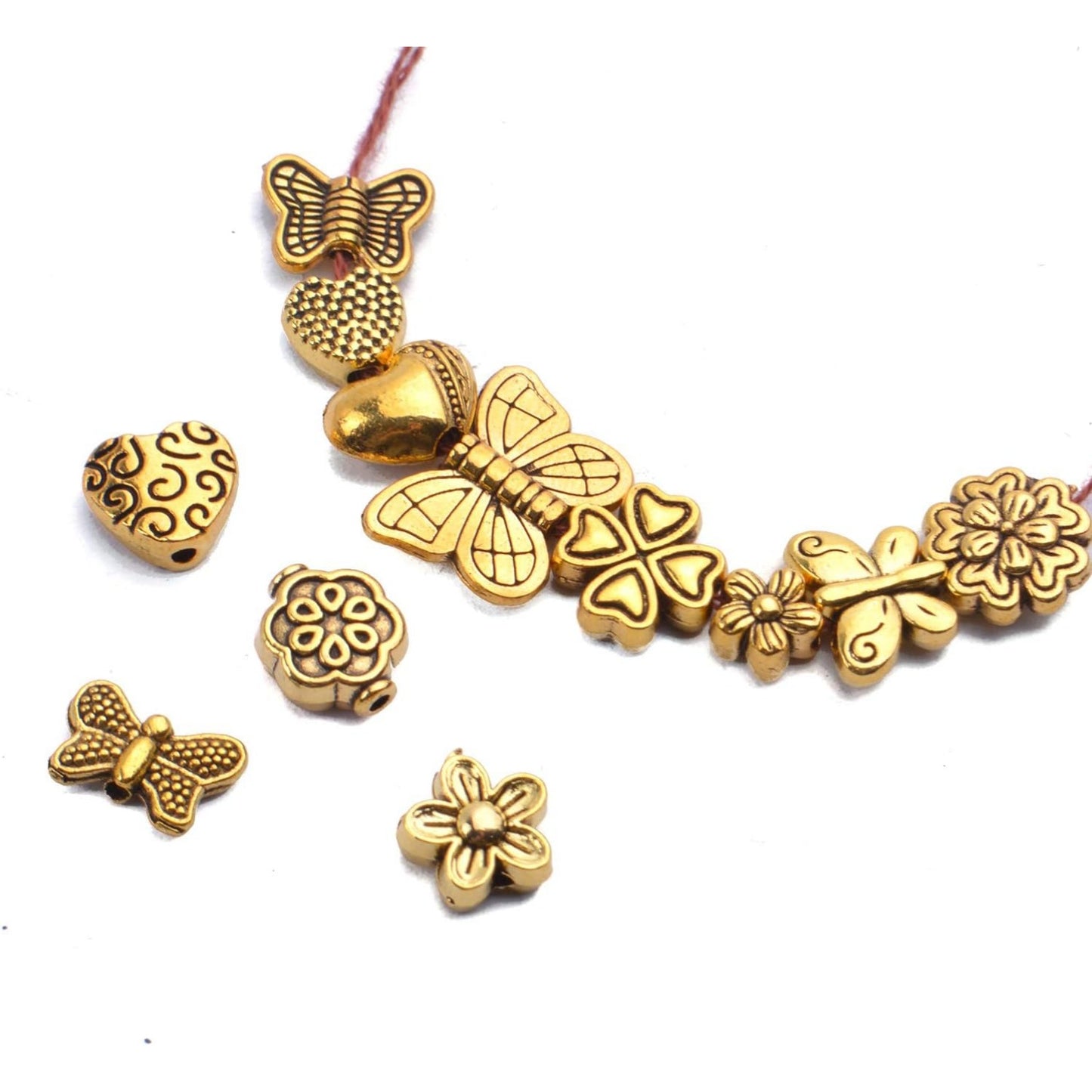 100 Gram(About 130-170pcs) Antique Gold Alloy Heart Butterfly Flower Beads Charm Bead Spacers Jewelry Findings Accessories for Bracelet Necklace Jewelry Making