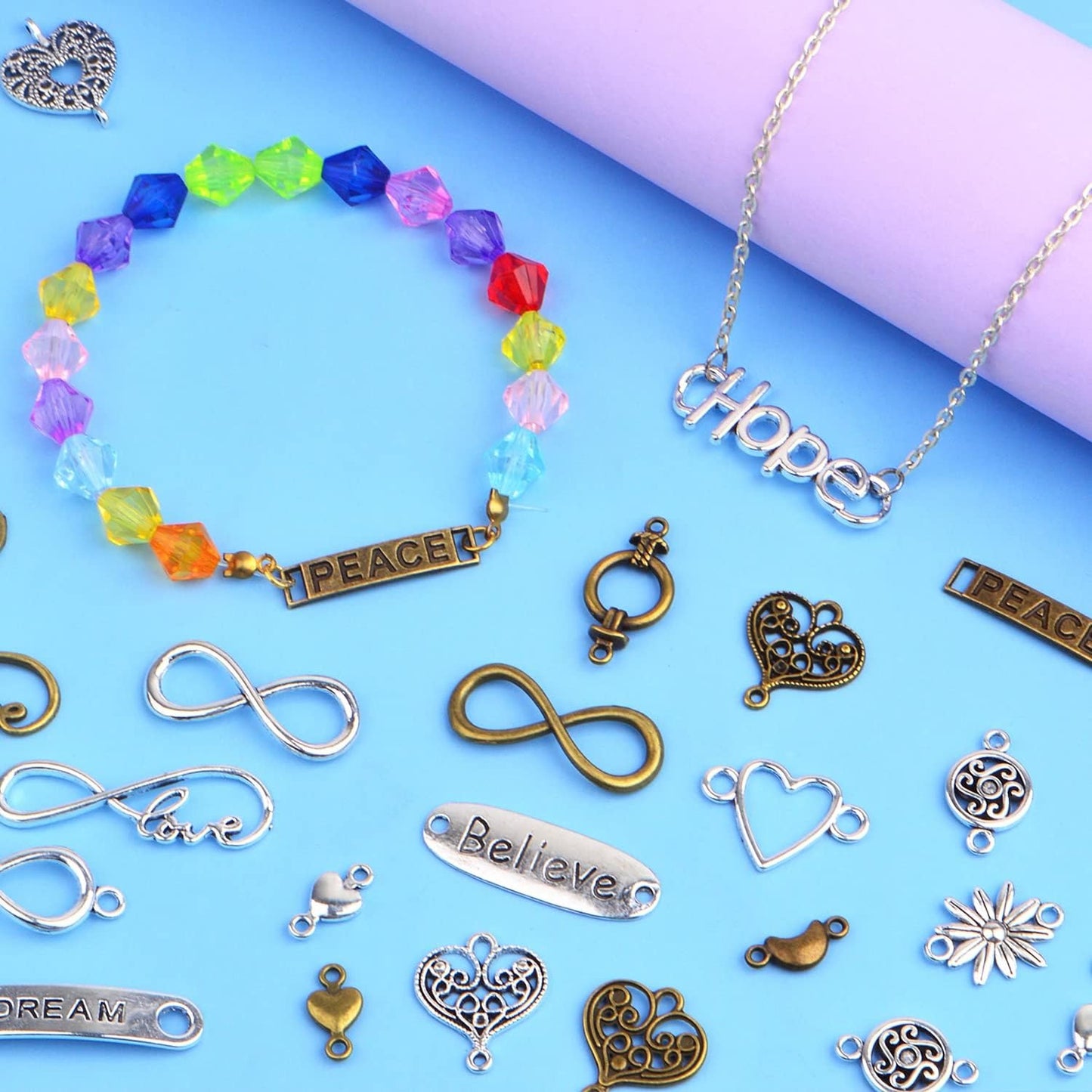 50 Pieces Mixed Word Letter Charms Connectors Tibetan Alloy Infinity Symbol Love Heart Pendant Links for DIY Necklace Bracelet Jewelry Making Findings, 2 Colors