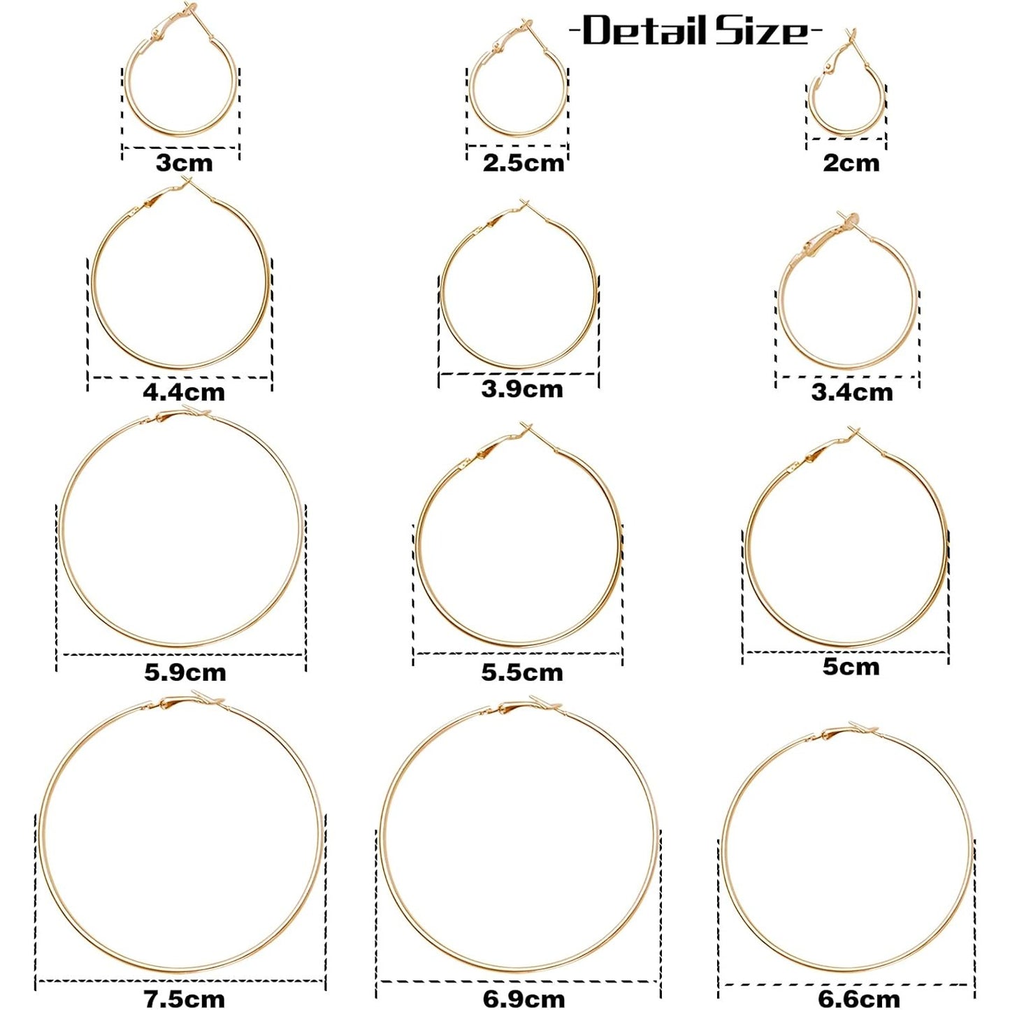 12 Pairs Hoop Earrings Set Big Circle Earrings Round Hoop Earrings Findings Fashion Jewelry for Women Girls, Gold, Dia 2-7.5cm