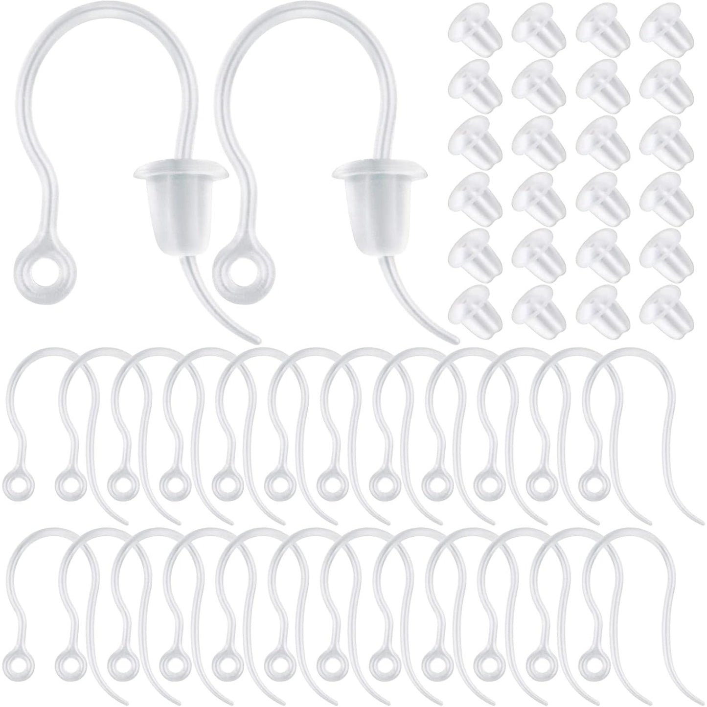 100pcs Clear Plastic Earring Hooks Ear Wire with Loop French Fish Hooks and 100pcs Transparent Earring Stoppers for DIY Earrings Jewelry Making Craft Decoration