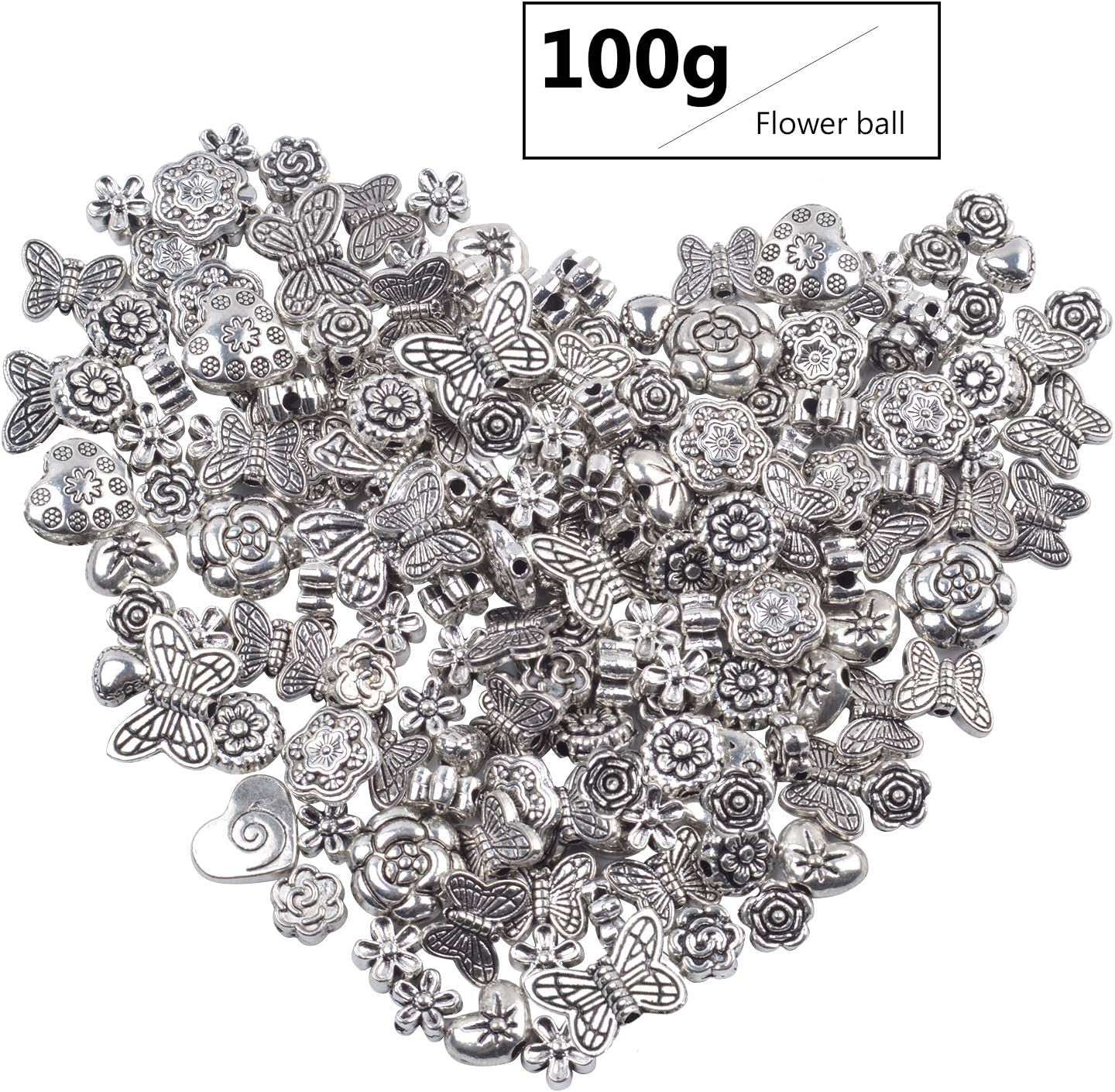100 Gram(About 130-170pcs) Antique Tibetan Silver Alloy Butterfly Flower Beads Charm Bead Spacers Jewelry Findings Accessories for Bracelet Necklace Jewelry Making