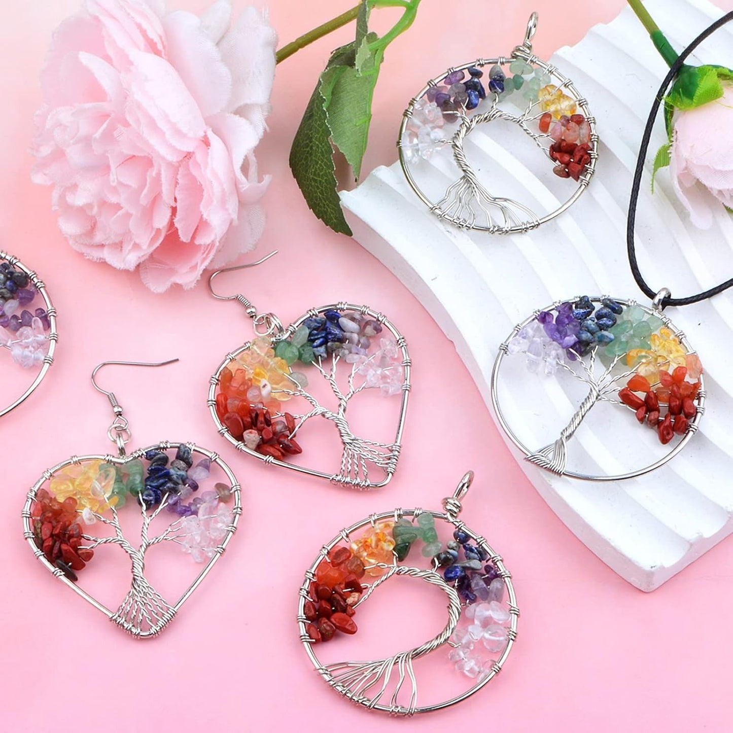 6pcs Tree of Life Charms Colorful Natural Crystal Stone Chakra Positive Gemstone Quartz Life Tree Pendants Good Luck Yoga Charms for DIY Necklace Earrings Keychains Jewelry Making, 3 Styles